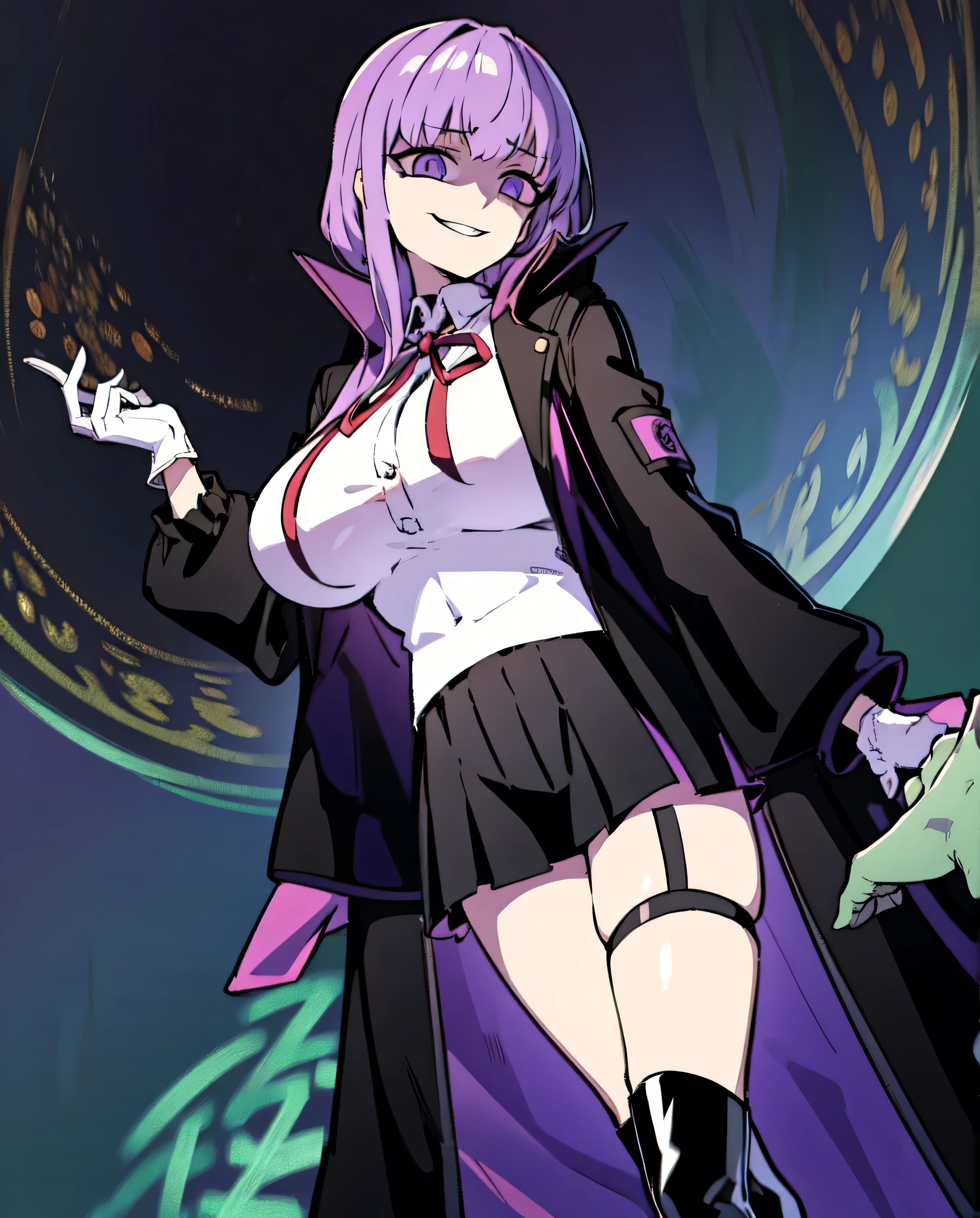 Isoscale, Mid Shot, night, ,,, Purple Hair, Black jacket, White shirt, Black Skirt, Red ribbon, Big Breasts, Purple eyes, White gloves, Long Hair, Large collar, Wicked Smile,,shiny thigh high boots,(Wicked Smile:1.3),Highly detailed CG Unity 8k wallpaper, Perfect lighting,,Looking down at the viewer,,Anxious smile,Black and purple world background,Dark shadowed face(Eyes in the shadows),solo,Yandere,latex,masterpiece, Highest quality, High resolution, One person,View your viewers,look down,Release black darkness from your hands,Embodiment of evil,two hands,Two legs,five fingers,