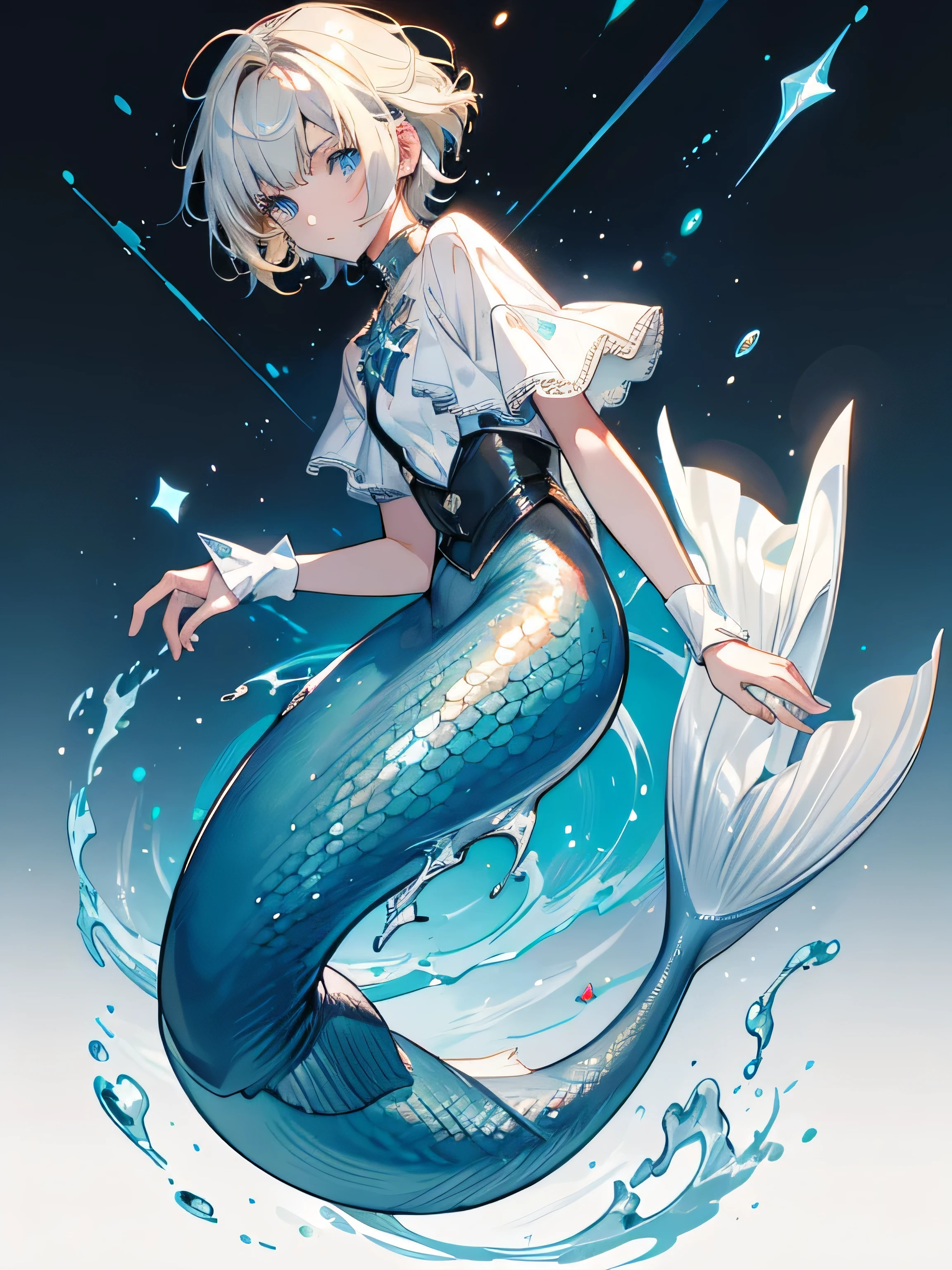 1 Boy, Short hairstyle, blond, silver eyes, Fish scales on hands, Mermaid, high quality