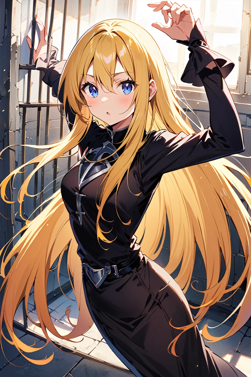 1girl,solo,(cowboy shot),standing,(blonde hair:1.2),long hair,straight hair,forehead,center part,(purple eyes:1.2),(beautiful fingers:1.4),(perfect anatomy:1.4),(arms_behind_back:1.6),(cold_shoulder:1.4),(black leather lace glossy silk lamé leotard:1.6),(latex luster shiny glossy metallic:1.6),(shiny_clothes:1.6),small breasts,beautiful breasts,masterpiece,best quality,(Ultra high definition eyes:1.2),8k,(Beautiful detailed eyes:1.2),(Fine and beautiful eyes:1.2),(pretty eyes:1.2),finely detail,extremely CG, absurdres,high resolution,illustration,Detailed and beautiful outlines,finely detail,high resolution,(colorful refraction:1.4,Increase saturation:1.2),beautiful lighting,dynamic lighting,closed room,black background,simple background, smile,looking at viewer,Ro Christus,(black capelet),(black garter belt:1.2),(black thigh-high socks:1.6)