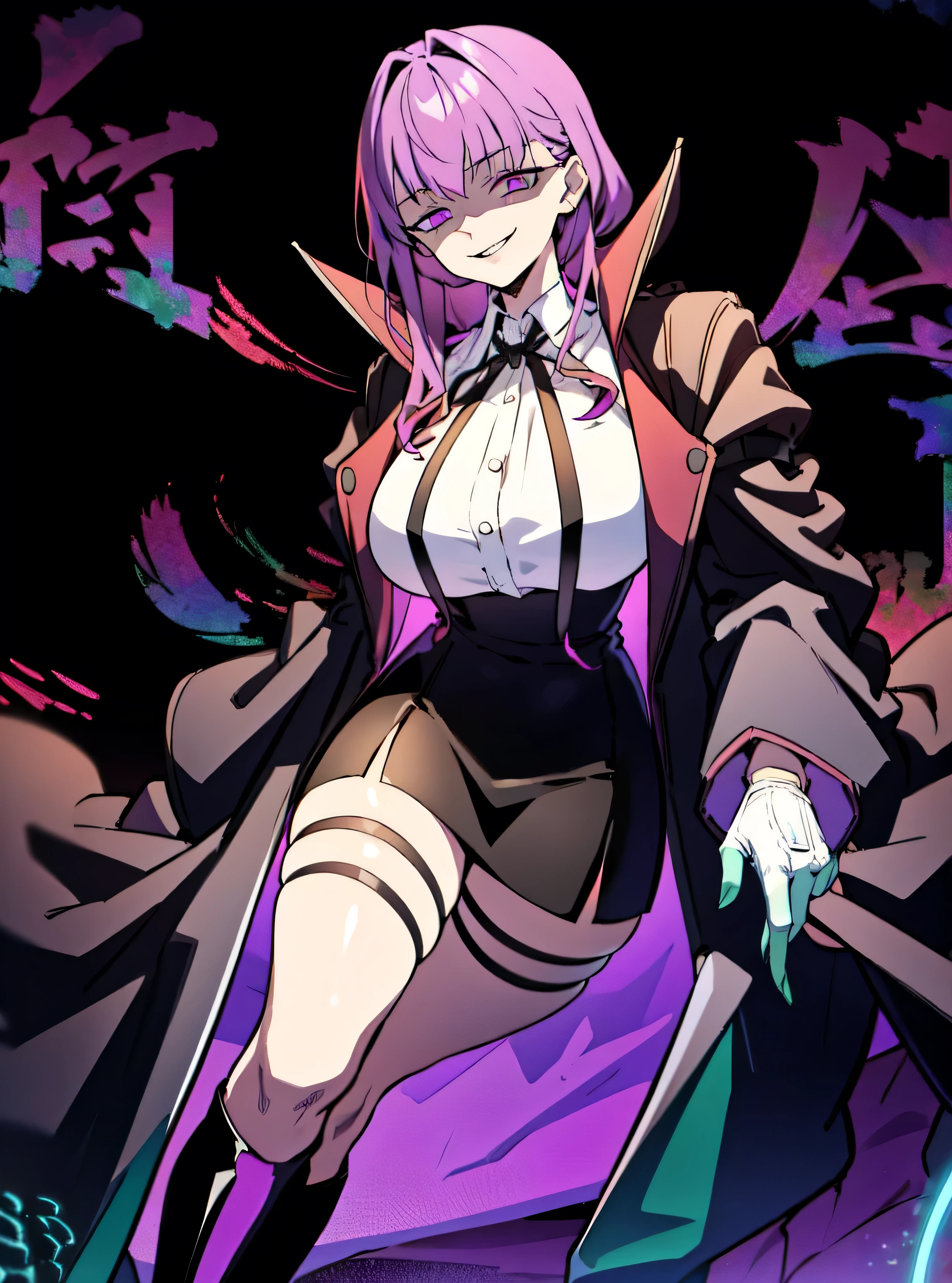 Isoscale, Mid Shot, night, ,,, Purple Hair, Black jacket, White shirt, Black Skirt, Red ribbon, Big Breasts, Purple eyes, White gloves, Long Hair, Large collar, Wicked Smile,,shiny thigh high boots,(Wicked Smile:1.3),Highly detailed CG Unity 8k wallpaper, Perfect lighting,,Looking down at the viewer,,Anxious smile,Black and purple world background,Dark shadowed face(Eyes in the shadows),solo,Yandere,latex,masterpiece, Highest quality, High resolution, One person,View your viewers,look down,Release black darkness from your hands,Embodiment of evil,two hands,Two legs,five fingers,