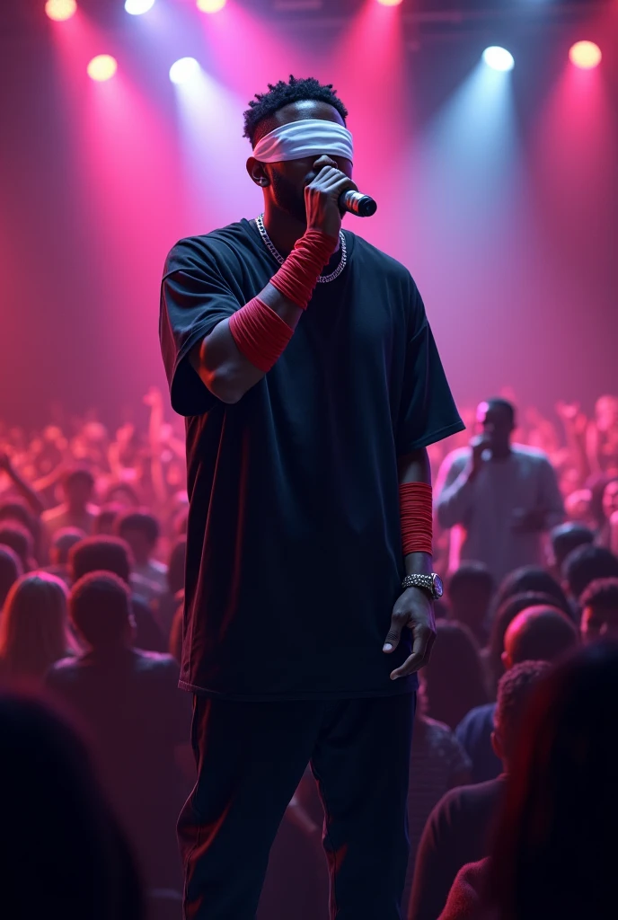 1 rapper, 30 yrs old, white blindfold, short black hair, race:black, oversized black tshirt & pant, red band on forearms, singing on mike, standing in a big crowd.