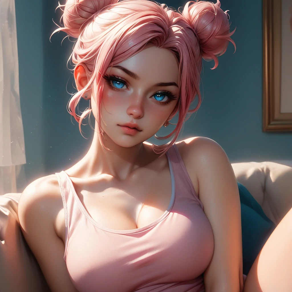 (2 young girls: 1.2), cheerful face, original pink long hair, long eyelashes, beautiful eyes with brightness, surrealism, stereogram, (photorealistic, realistic: 1.2), atmospheric perspective, cinematic lighting, ray tracing, 8k, super detail, best quality, masterpiece, well detailed, (Canan EOS R6, 135mm, 1/1250s, f/2.8, ISO 400:0.9), cyberpunk room, interior night, cleavage, string, tank top white, bubble butt, round small ass, bend over, dynamic pose, dynamic lighting, white tank top, raining, wet skin, panties