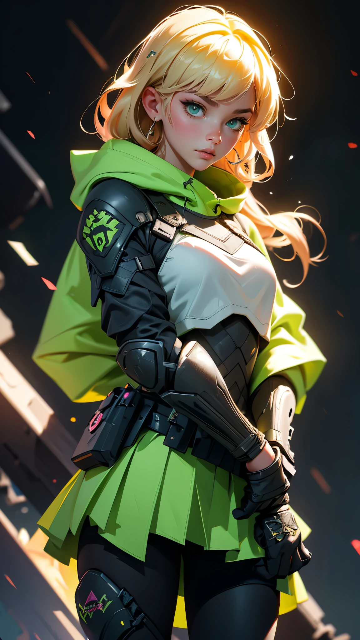 envision a 8k, highres, cinematic, beautiful full body splash art of a woman with warm blonde hair, long bangs, bright green eyes, Riot Gear, Tactical Hoodie, Tactical Skirt, Black Tights, Riot Gear, (((1girl))), in dark lighting, against a dark gray background