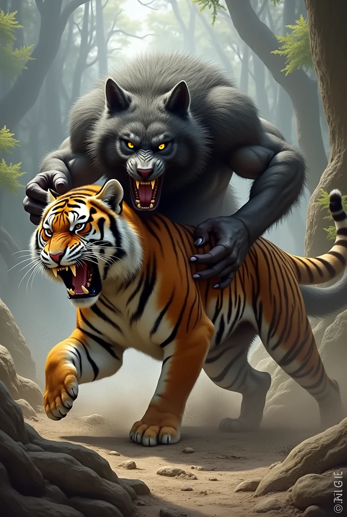 This is a digital image of a lion and a tiger in the forest talking to each other.   The tiger on the left side of the image walks towards the camera with its head facing the viewer.   And its eyes are focused on something from a distance.   The wild tiger was standing on the right, opening its mouth and turning its face towards the camera.   It is black with large curved horns and a pink nose.   The background is full of tall trees and thick leaves, and the ground is covered with dry grass and twigs.   The whole feeling of the image is dark and scary, with a sense of danger and danger.