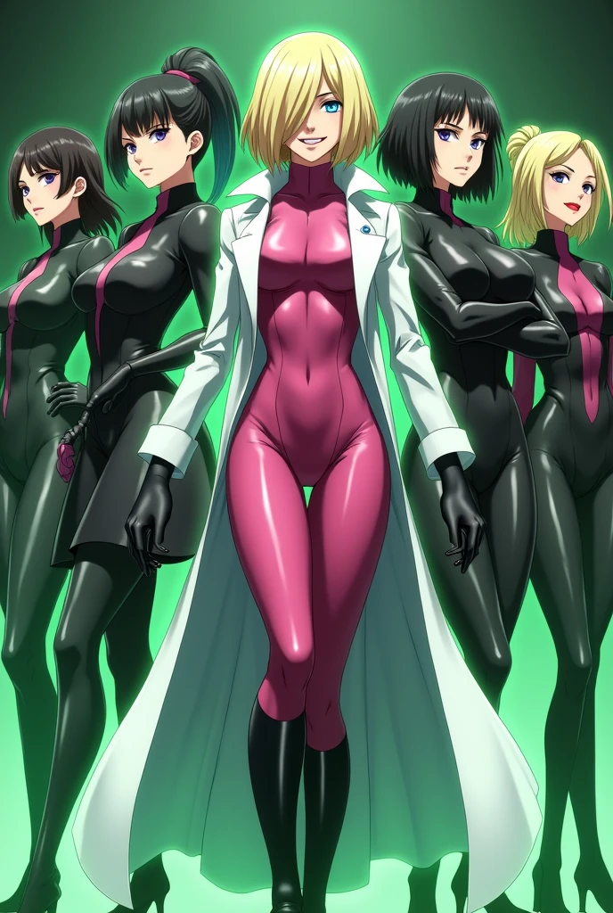 Anime style, team image of a supervillain group. A Sultry and Beautiful young woman with a soul of pure evil and hatred. Short blonde hair that covers her left eye and blue eyed supervillain dressed in a sleek skintight pink bodysuit, long black gloves and black calf high boots. A long white lab coat over her bodysuit competes the look. She is posing and emanating green energy. She has a smile crossing her thin red lips. 2 other women in costumes and an imposing man make up the rest of the team