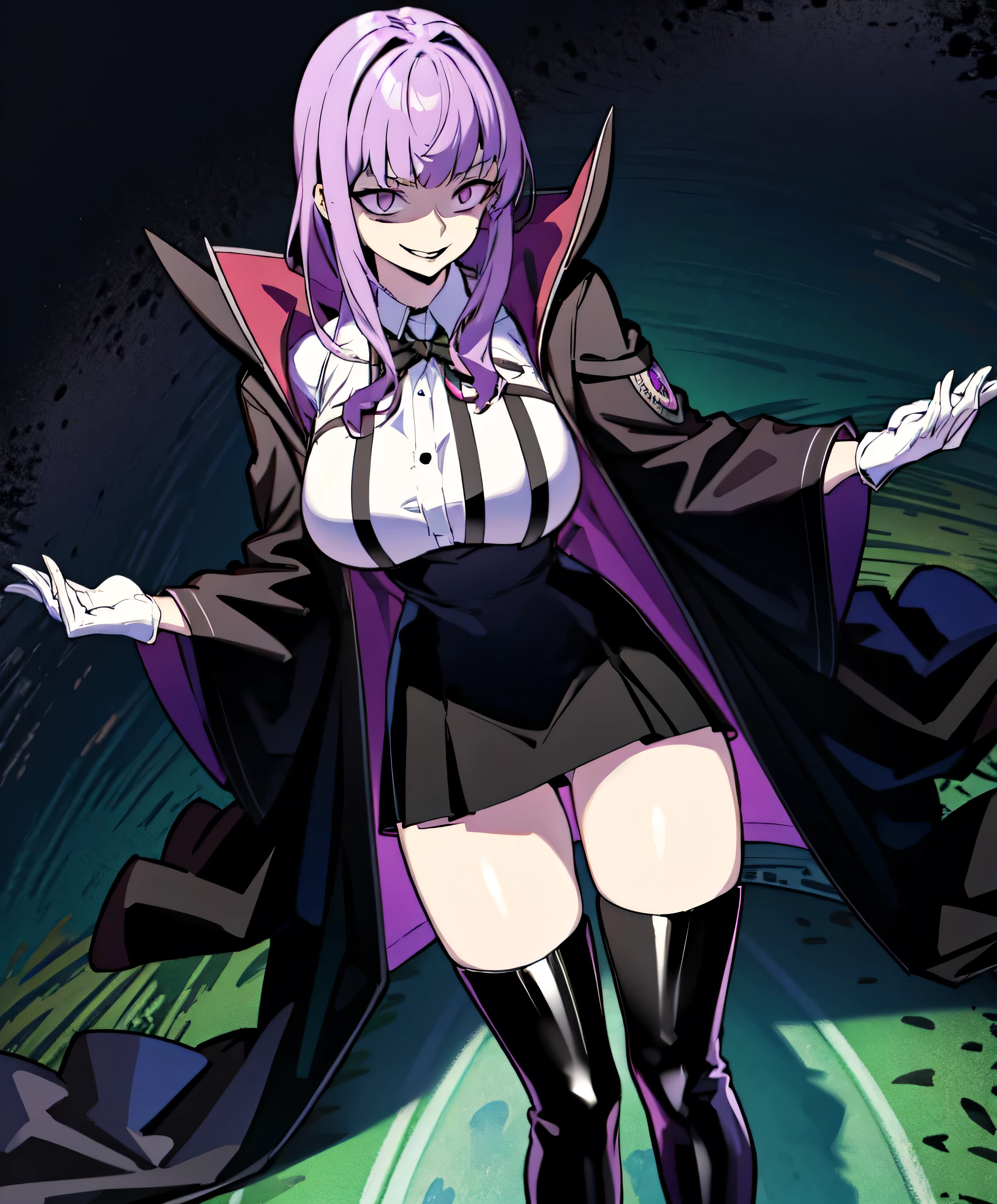 Isoscale, Mid Shot, night, ,,, Purple Hair, Black jacket, White shirt, Black Skirt, Red ribbon, Big Breasts, Purple eyes, White gloves, Long Hair, Large collar, Wicked Smile,,shiny thigh high boots,(Wicked Smile:1.3),Highly detailed CG Unity 8k wallpaper, Perfect lighting,,Looking down at the viewer,,Anxious smile,Black and purple world background,Dark shadowed face(Eyes in the shadows),solo,Yandere,latex,masterpiece, Highest quality, High resolution, One person,View your viewers,look down,Release black darkness from your hands,Embodiment of evil,two hands,Two legs,five fingers,