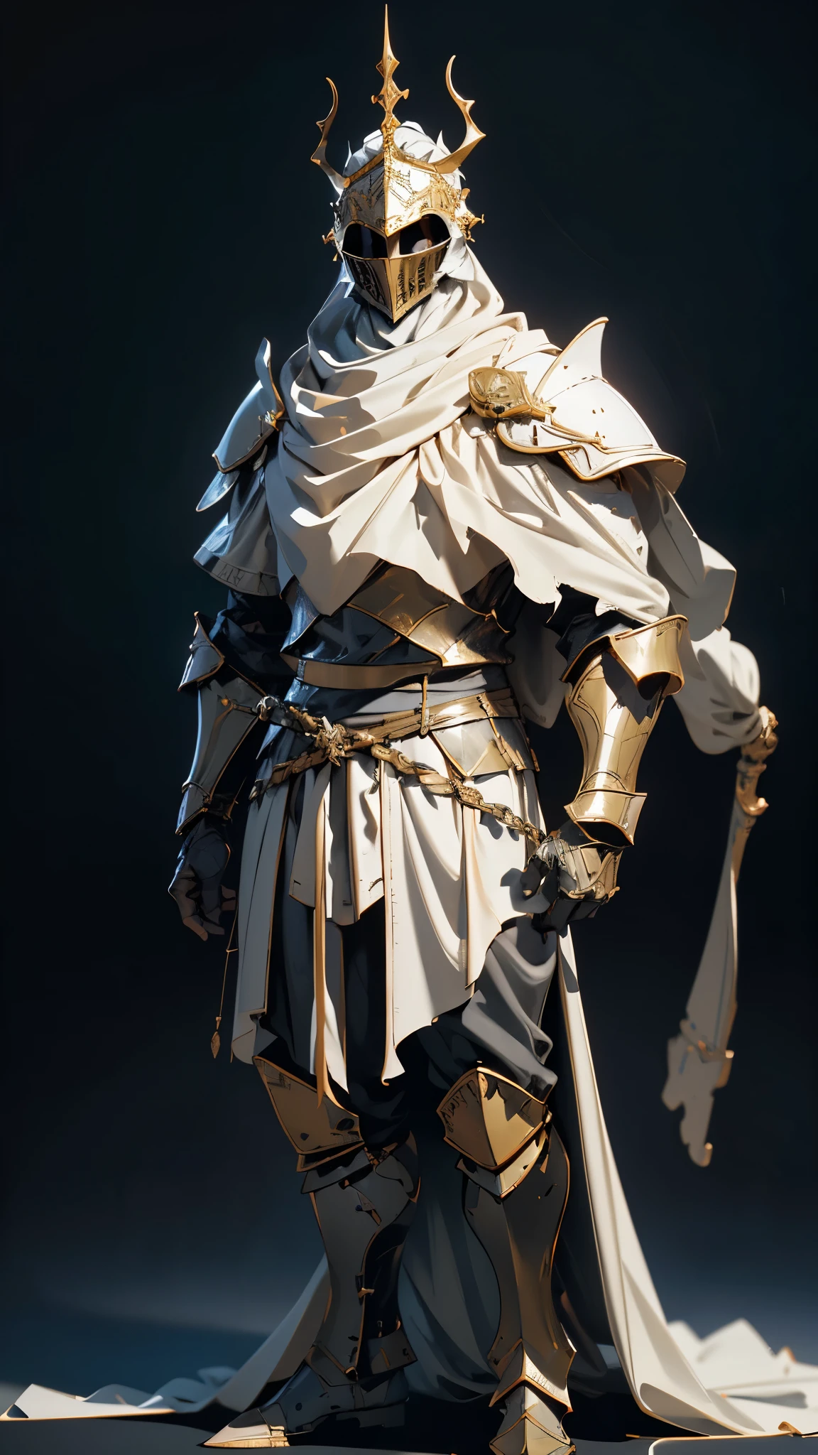 envision a 8k, highres, cinematic, detailed, semi realistic full body statue of a knight called the Ivory King from Dark Souls with a helmet that resembles a face and a long white flag attached to the helmet against a dark background