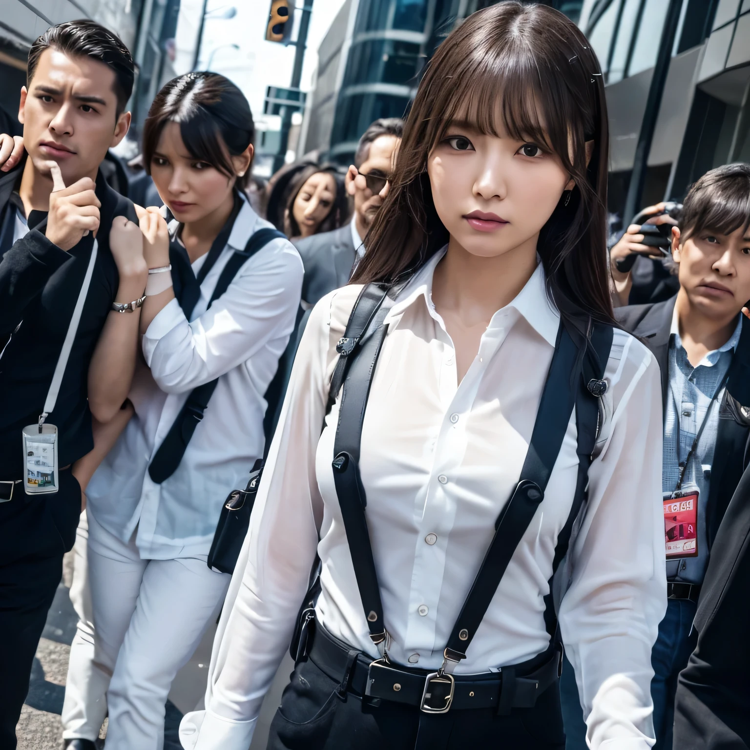 a woman in a suit, belt, hands behind back, sweating, suspenders, black pants, sexly, large breasts, see-through clothing, rain, detective, office worker, white button-up shirt, (best quality,4K,8k,highres,masterpiece:1.2),ultra-detailed,(realistic,photorealistic,photo-realistic:1.37),hyper-detailed,highly detailed face and body, Slender　thin　suspenders　Moderate breasts　See-through shirt　Nipples　holster　chain　Pistol　Armament　criminal　Female criminal　knife　japanese　profile　Japanese women　arrested handcuff　belt
