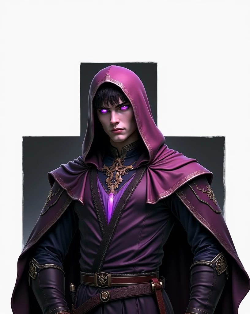 (absurdres, highres, ultra detailed), masterpiece, best quality, solo, 1boy, black hair, slicked back hair, facial hair, holding sword, black and red robe, handsome, finely eye, detailed eye, vibrant red eyes, detailed face, black scarf, leather armor,purple energy, thunder, lightning, magic, tattoo, from below, look down, (dark style), swirl, spark, hood, hood up, skull, (gothic castle:1.2), glaring,
