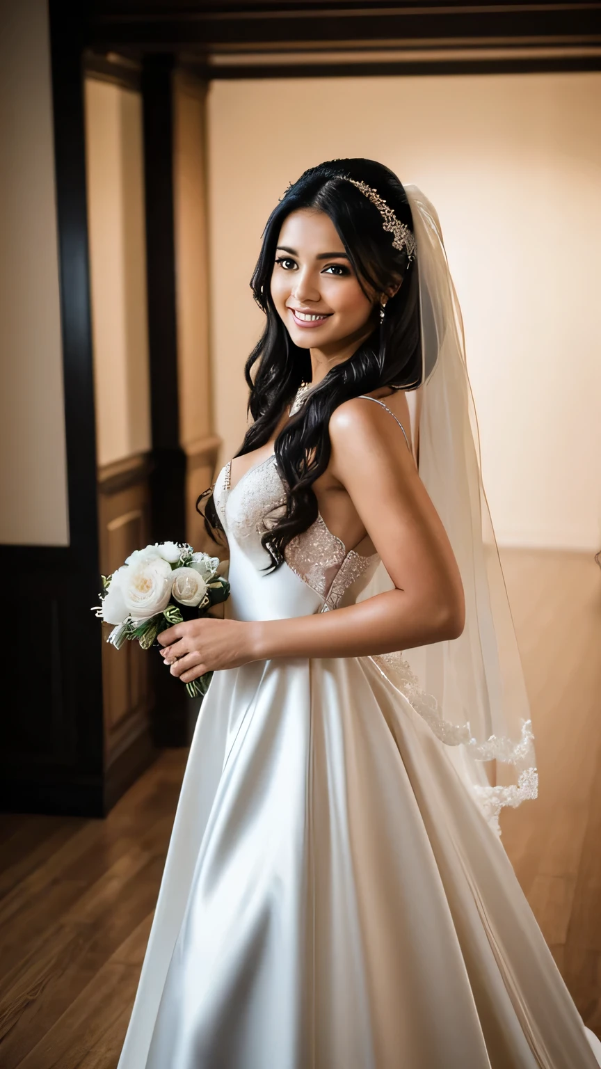 Realistic photo of the fullbody of a smiling woman, beautiful black haired woman with long hair, She dances in front of the camera in a long A-line wedding dress with straps made of shiny satin., Park,glamour fotoshooting, Wedding celebration, perfect anatomy, perfect brown eyes. Perfect hands with 5 fingers on each hand, Suitable woman , looking at the camera, 1 Frau. (Eye make up:1.1), (highly detailed skin:1.1), spirit, analog style, keen focus, 8K  UHD, dslr, good quality, Fujifilm XT3, Grain, Award-winning, ​masterpiece. Wedding celebration