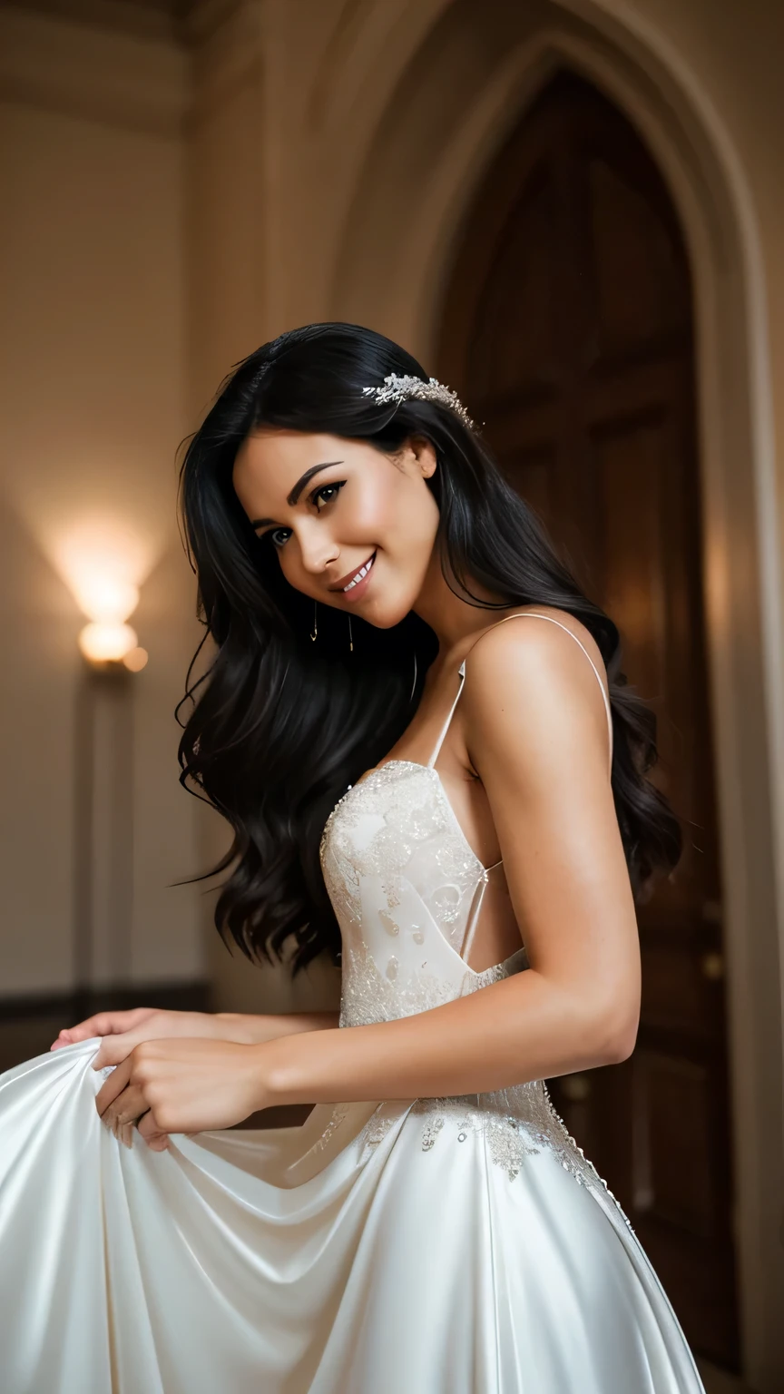 Realistic photo of the fullbody of a smiling woman, beautiful black haired woman with long hair, She dances in front of the camera in a long A-line wedding dress with straps made of shiny satin., Park,glamour fotoshooting, Wedding celebration, perfect anatomy, perfect brown eyes. Perfect hands with 5 fingers on each hand, Suitable woman , looking at the camera, 1 Frau. (Eye make up:1.1), (highly detailed skin:1.1), spirit, analog style, keen focus, 8K  UHD, dslr, good quality, Fujifilm XT3, Grain, Award-winning, ​masterpiece. Wedding celebration