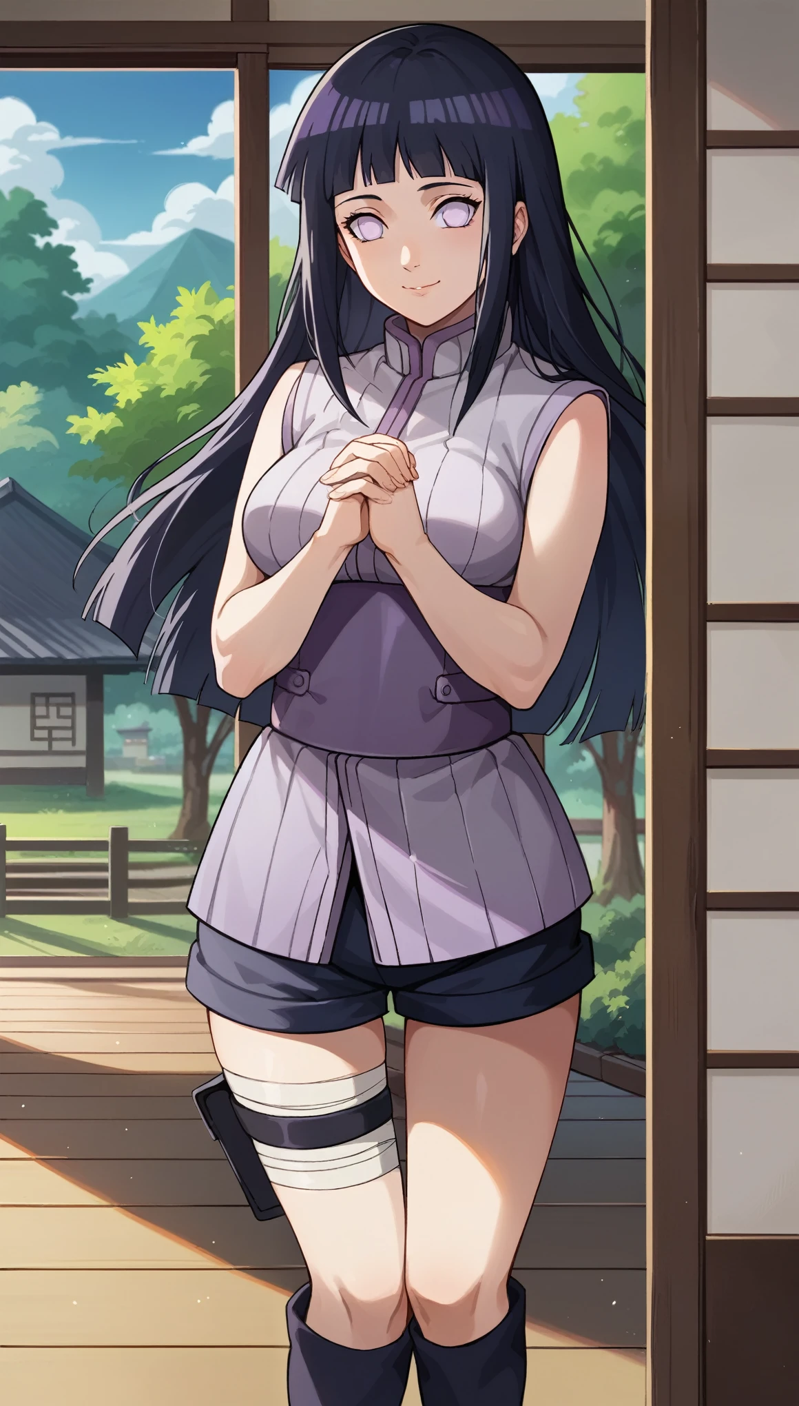 masterpiece, best quality, vibrant colours, highres, absurdres, score_9, score_8_up, score_7_up, score_9, BREAK hinataSDXL, 1girl, solo, long hair, breasts, smile, black hair, thighhighs, dojo room background, open sliding doors, trees, purple eyes, shorts, thigh strap, bandages, own hands together, toeless footwear, hyuuga hinata, cowboy shot
