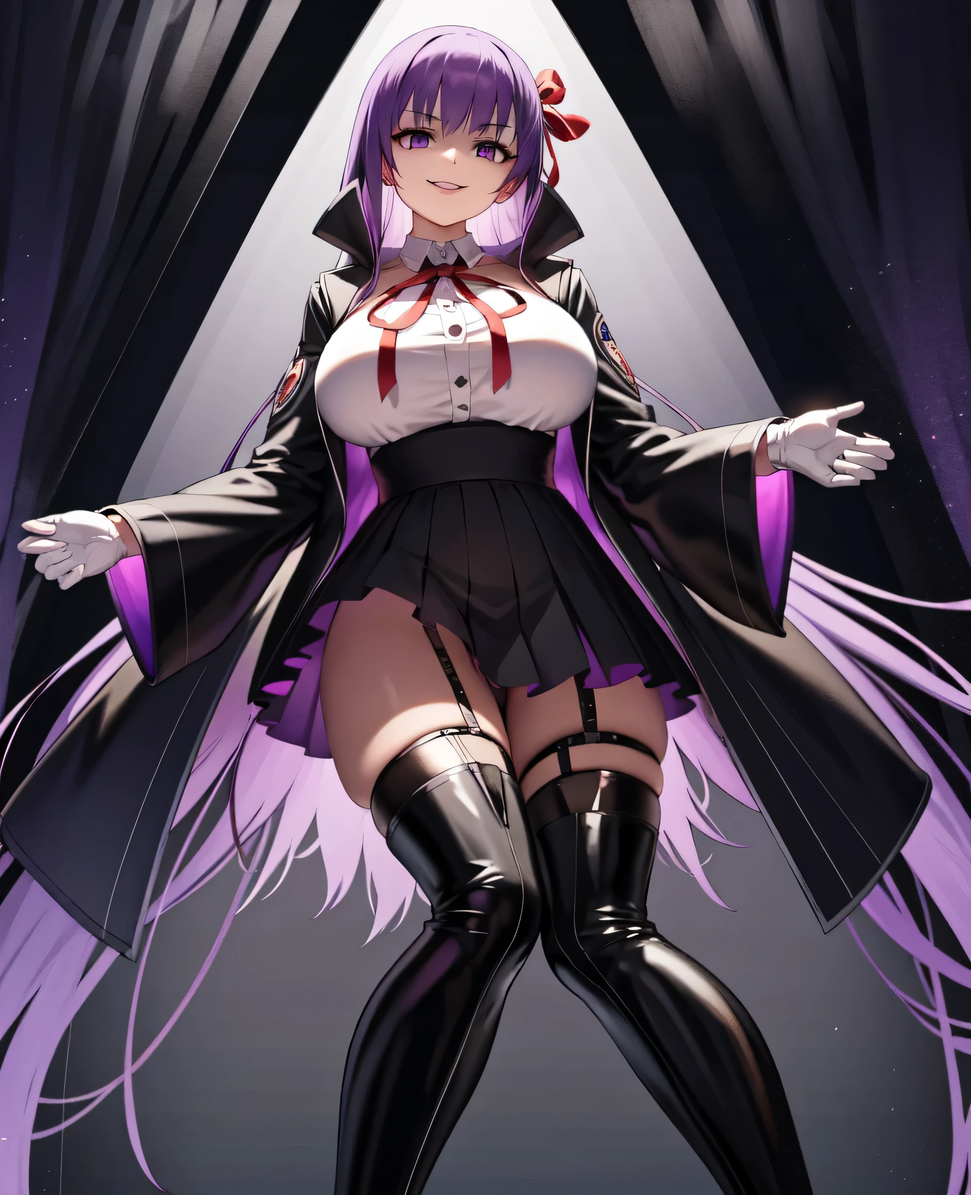  Isoscale, Mid Shot,  night, ,,, Purple Hair, Black jacket, White shirt, Black Skirt, Red ribbon, Big Breasts, Purple eyes, White gloves, Long Hair, Large collar, Wicked Smile,,shiny thigh high boots,(Wicked Smile:1.3),Highly detailed CG Unity 8k wallpaper, Perfect lighting,,Looking down at the viewer,,Anxious smile,Black and purple world background,Dark shadowed face(Eyes in the shadows),solo,Yandere,latex,masterpiece, Highest quality, High resolution, One person,View your viewers,look down,Release black darkness from your hands,Embodiment of evil,two hands,Two legs,five fingers,