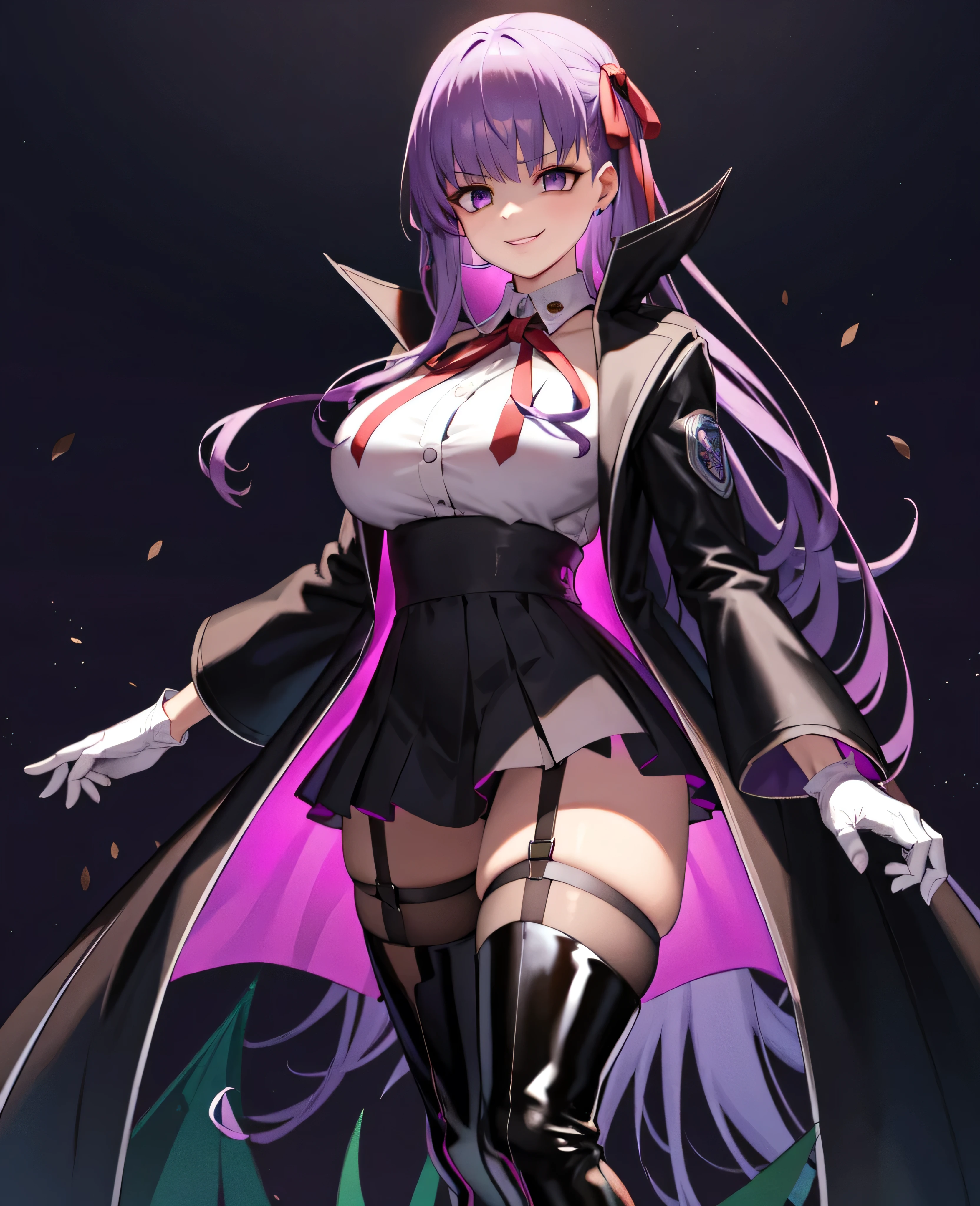  Isoscale, Mid Shot,  night, ,,, Purple Hair, Black jacket, White shirt, Black Skirt, Red ribbon, Big Breasts, Purple eyes, White gloves, Long Hair, Large collar, Wicked Smile,,shiny thigh high boots,(Wicked Smile:1.3),Highly detailed CG Unity 8k wallpaper, Perfect lighting,,Looking down at the viewer,,Anxious smile,Black and purple world background,Dark shadowed face(Eyes in the shadows),solo,Yandere,latex,masterpiece, Highest quality, High resolution, One person,View your viewers,look down,Release black darkness from your hands,Embodiment of evil,two hands,Two legs,five fingers,