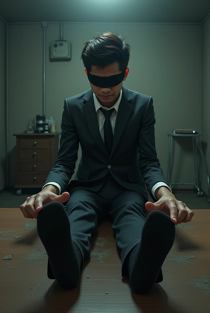 A Korean suit man tied up blindfold on chair penis out side