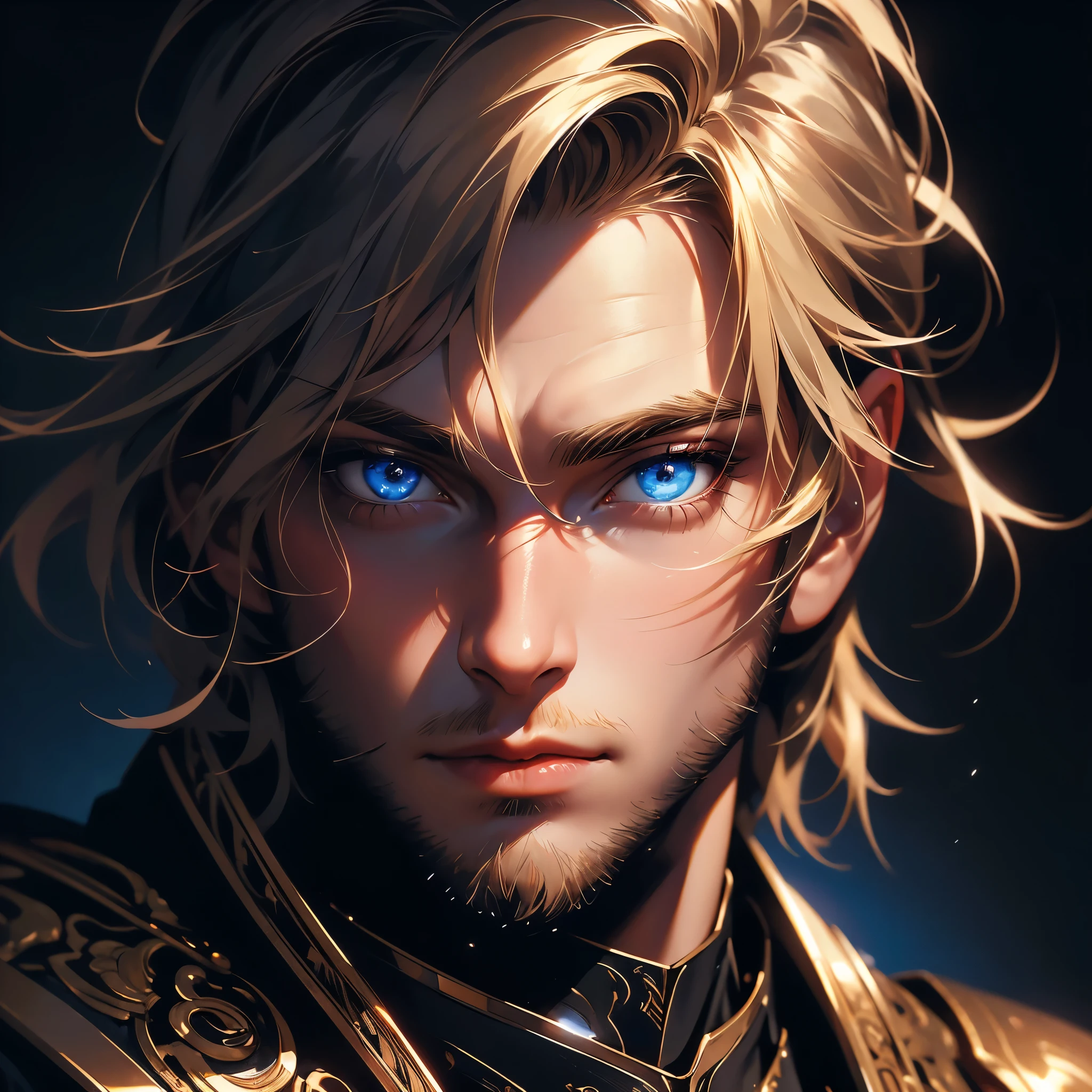 envision a 8k, highres, cinematic, detailed, semi realistic close up portrait of a handsome knight with sleek elegant blonde hair, blue eyes , strong face against a dark background