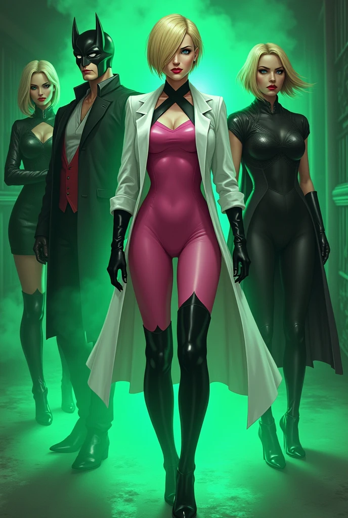 Anime style, team image of a supervillain group. A Sultry and Beautiful young woman with a soul of pure evil and hatred. Short blonde hair that covers her left eye and blue eyed supervillain dressed in a sleek skintight pink bodysuit, long black gloves and black calf high boots. A long white lab coat over her bodysuit competes the look. She is posing and emanating green energy. She has a smile crossing her thin red lips. 2 other women in costumes and an imposing man make up the rest of the team