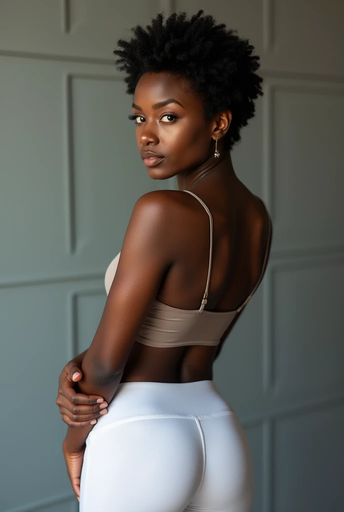 Attractive sexy arched back big butt skinny african american women 20 years old black curly hair to the waist, with mini skirt, Looking Back, Humble smile, mesh stockings on the thighs, good abs, Beautiful sexy long legs, (photo-realistic: 1,5) (tmasterpiece: 1,5) (beste-Qualit: 1,5) (color corrected) (Detail Skin: 1,5) (8K)