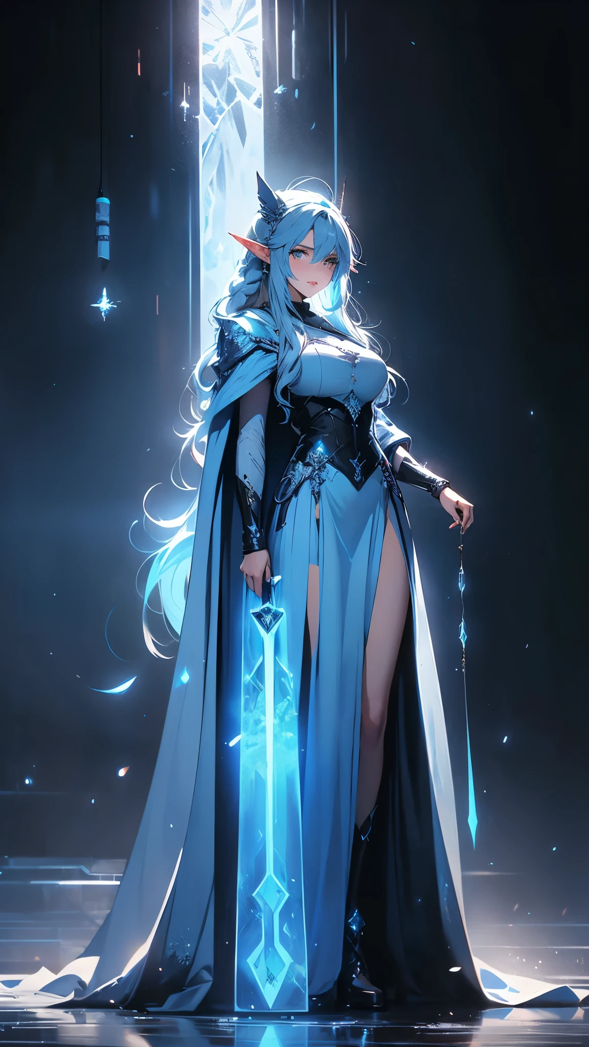 envision a 8k, highres, cinematic, beautiful Full Body Splash Art of a sexy woman with large breasts with cool light blue braided hair, long bangs, icy blue eyes, Icy Military Dress, Tactical Cape, elf ears, pale skin, (((1girl))), in dark lighting, against a dark gray background