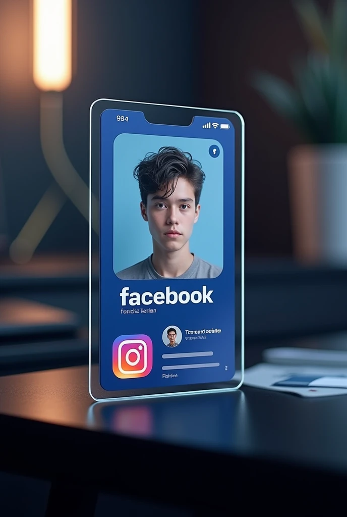 M@Rifat hasan:Create a Facebook profile on glass id card on a black desk displaying Instagram logo and realistic profile photo of a teenage boy in circle and "Ariy