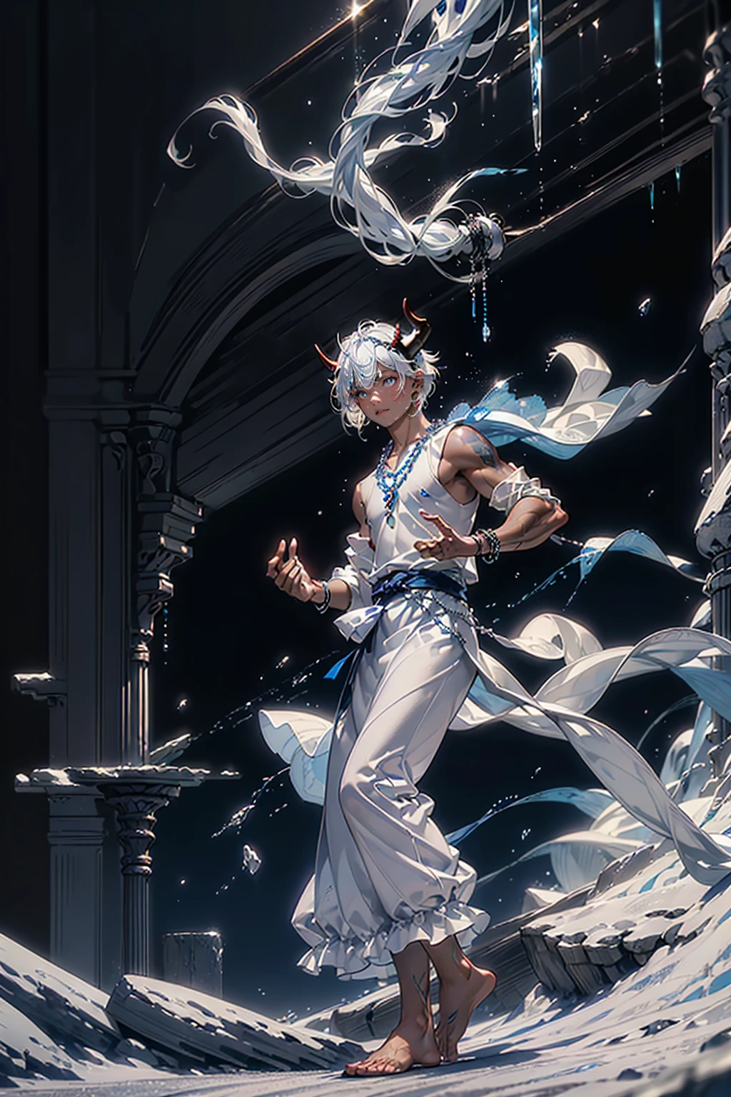 1male white people,((Thin)),((being thin)),Muscular, Palatial palace,cage,strappy,White rope,White cloth curtains,(Detail light),Tattooed with,Transparent tulle,white albino skin,oily wet skin,Full nudity on the back,Lateral face,Falling white petals