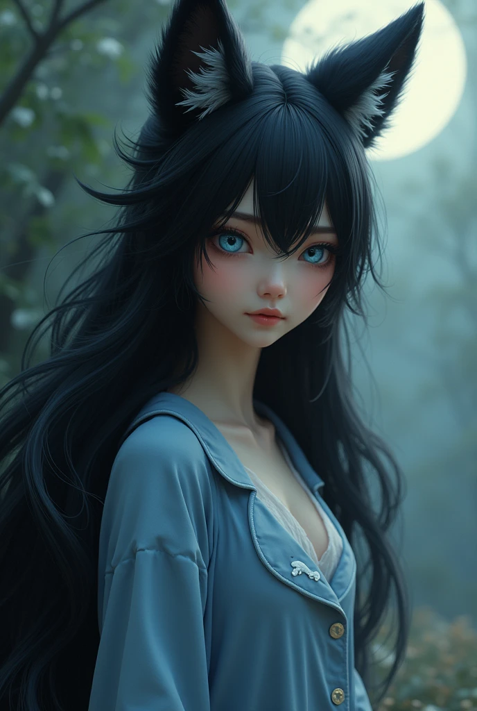 photo d'une jeune femme de 20 ans, European fair skin her long wavy blue black hair cascading over her shoulders with two black fox ears surrounding a sweet playful face with navy blue eyes full of mischief little fangs protruding from her lips smiling she wears sexy black lace clothing. several large black fox tails protrude from his back