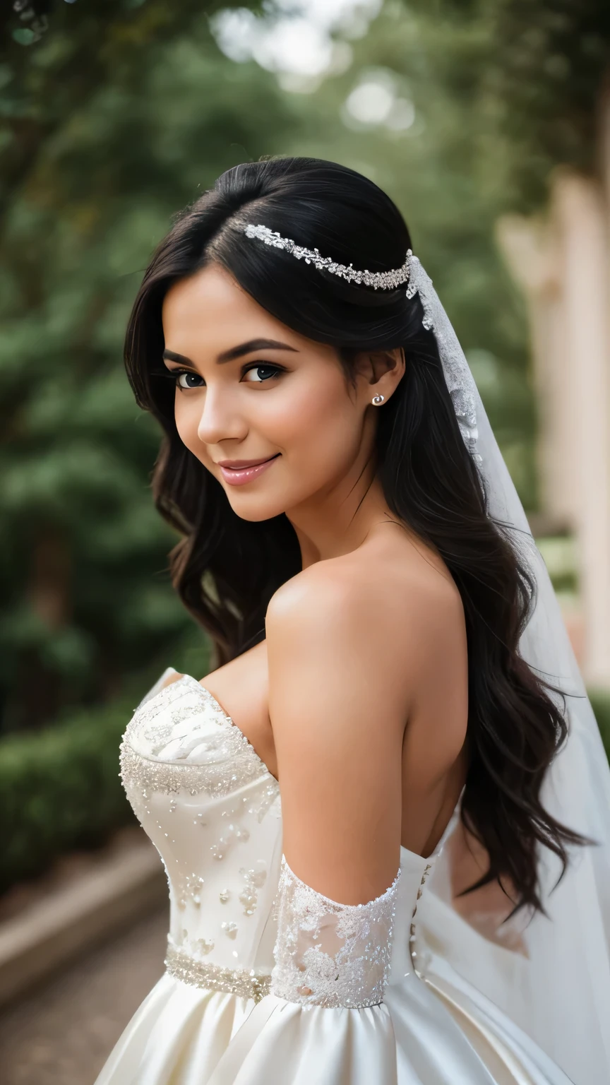 Realistic photo of the fullbody of a smiling woman, beautiful black haired woman with long hair, She dances in front of the camera in a long A-line wedding dress with off-shoulder straps made of shiny satin., Park,glamour fotoshooting, Wedding celebration, perfect anatomy, perfect brown eyes. Perfect hands with 5 fingers on each hand, Suitable woman , looking at the camera, 1 Frau. (Eye make up:1.1), (highly detailed skin:1.1), spirit, analog style, keen focus, 8K  UHD, dslr, good quality, Fujifilm XT3, Grain, Award-winning, ​masterpiece. Wedding celebration