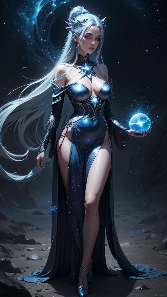 A stunning illustration of Surrealist illustration, featuring a regal figure shrouded in mist, rendered in mesmerizing bioluminescent neon watercolor hues, reminiscent of an ethereal dreamscape, washed across a stained glass canvas, evoking an air of mystical opulence. The celestial silhouette portrait, with intricately etched stars and planets, glows with an otherworldly luminescence, radiating an aura of enchantment. This ultra-high resolution masterpiece embodies a harmonious blend of mystical realism and cosmic fantasy, pulsing with iridescent shades of blue, purple, and green, inviting the viewer to step into its mystical realm.