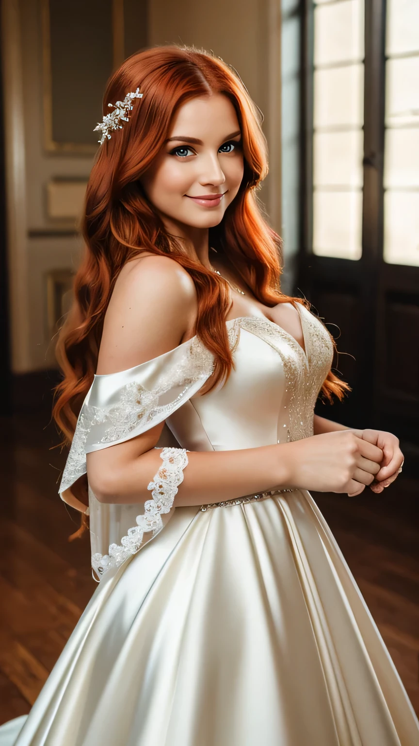 Realistic photo of the fullbody of a smiling woman, beautiful red haired woman with long hair, She dances in front of the camera in a long A-line wedding dress with off-shoulder straps made of shiny satin., Park,glamour fotoshooting, Wedding celebration, perfect anatomy, perfect green eyes. Perfect hands with 5 fingers on each hand, Suitable woman , looking at the camera, 1 Frau. (Eye make up:1.1), (highly detailed skin:1.1), spirit, analog style, keen focus, 8K  UHD, dslr, good quality, Fujifilm XT3, Grain, Award-winning, ​masterpiece. Wedding celebration