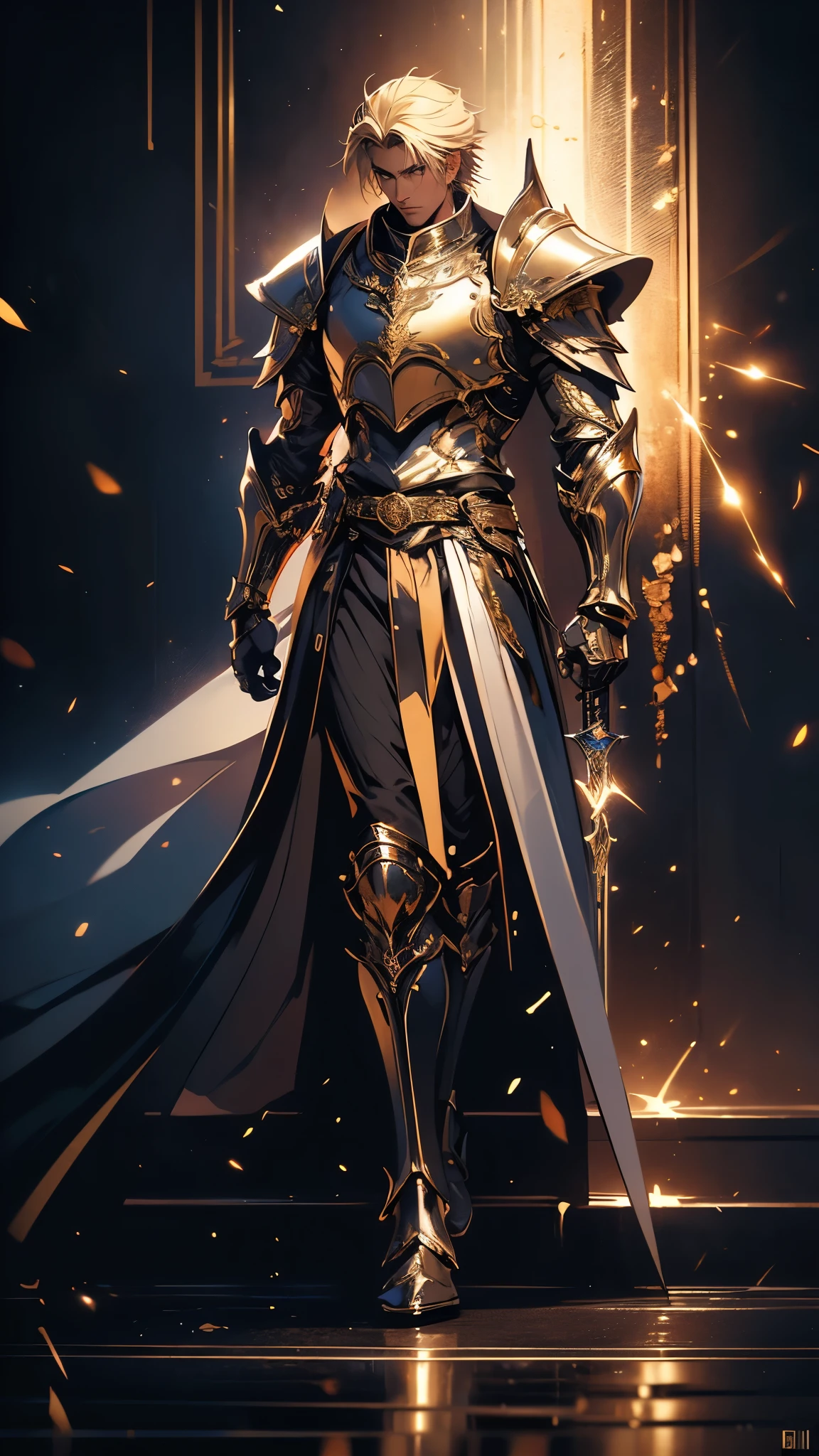 envision a 8k, highres, cinematic, detailed, semi realistic (((full body splash art))) of a handsome knight with sleek elegant blonde hair, blue eyes , strong face, leather armor, Gold tassets, leather gauntlets, leather pants, leather boots, holding a greatsword against a dark background