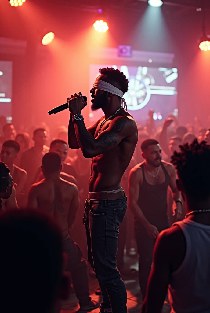 A 19 year old man,singing trap on a stage,with a screen saying RKZIIN,gold chains,wearing no shirt,baldie,tattoos on the body and head,two half naked women,bottles of gin and whiskey,hookah,and cigarette and money