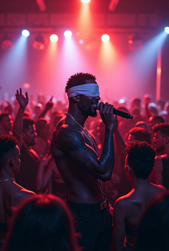 Design a scene featuring Ethan Alexander Paull, a 1 UK drill rap artist, his face hidden with a dark, sexually appealing mask. He's in a middle of a performance at a renowned club with the most luxury mic , surrounded by young girls that are over him, alluring women who amplify his menacing and seductive aura. His presence commands attention, with his Instagram id NOVANEXUS19 displayed prominently behind him on a large screen, highlighting his status and influence in the music scene. The club is alive with energy, reflecting his intense and charismatic persona.