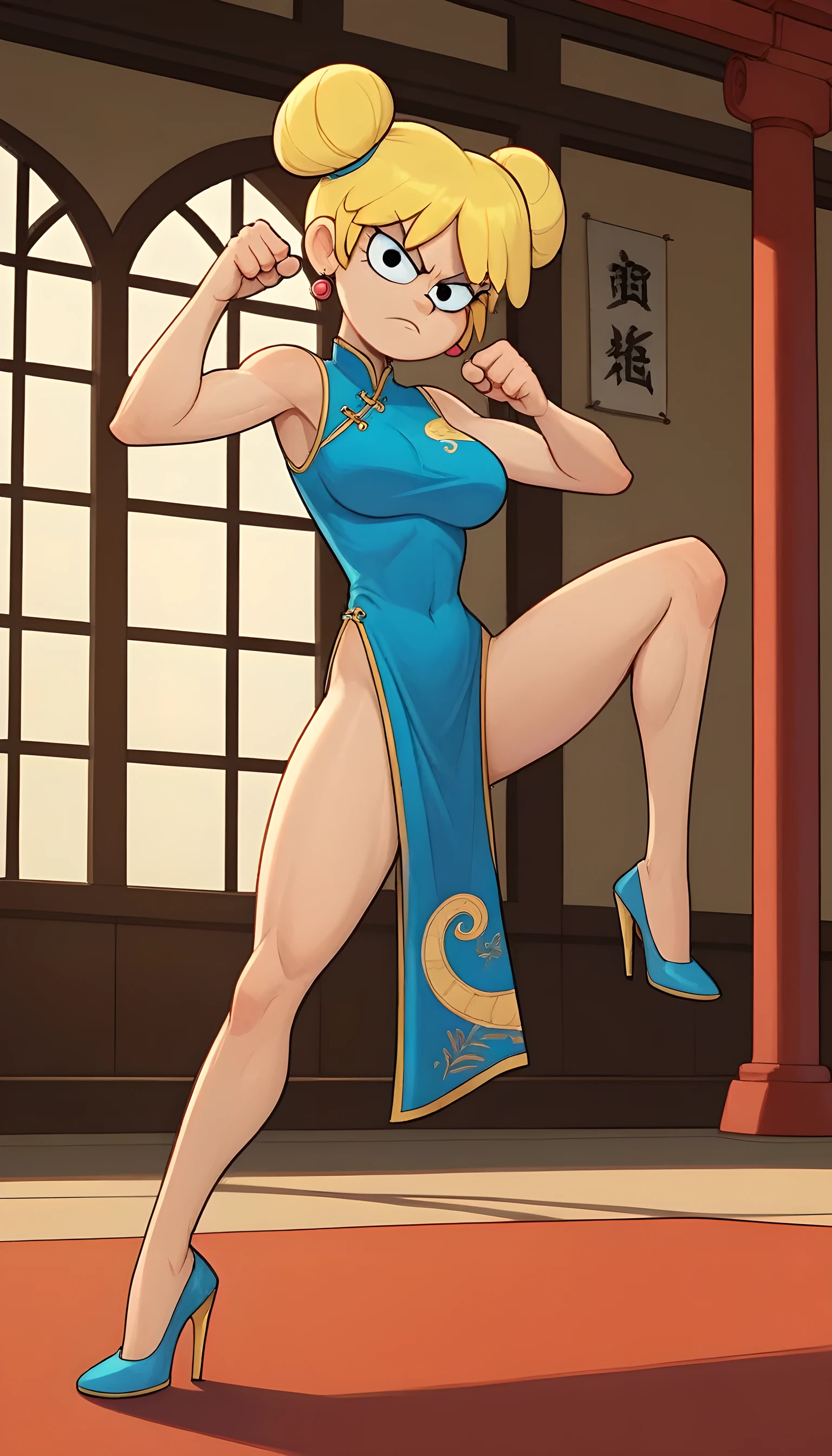 lori loud, 1girl, solo, 24yo girl, blue cheongsam,  inside of a chinese style temple, large breasts, looking at viewer, blonde hair, short hair, two hair buns , hands  score_9, score_8_up, score_7_up, high heels,teep fighting stance,martial arts