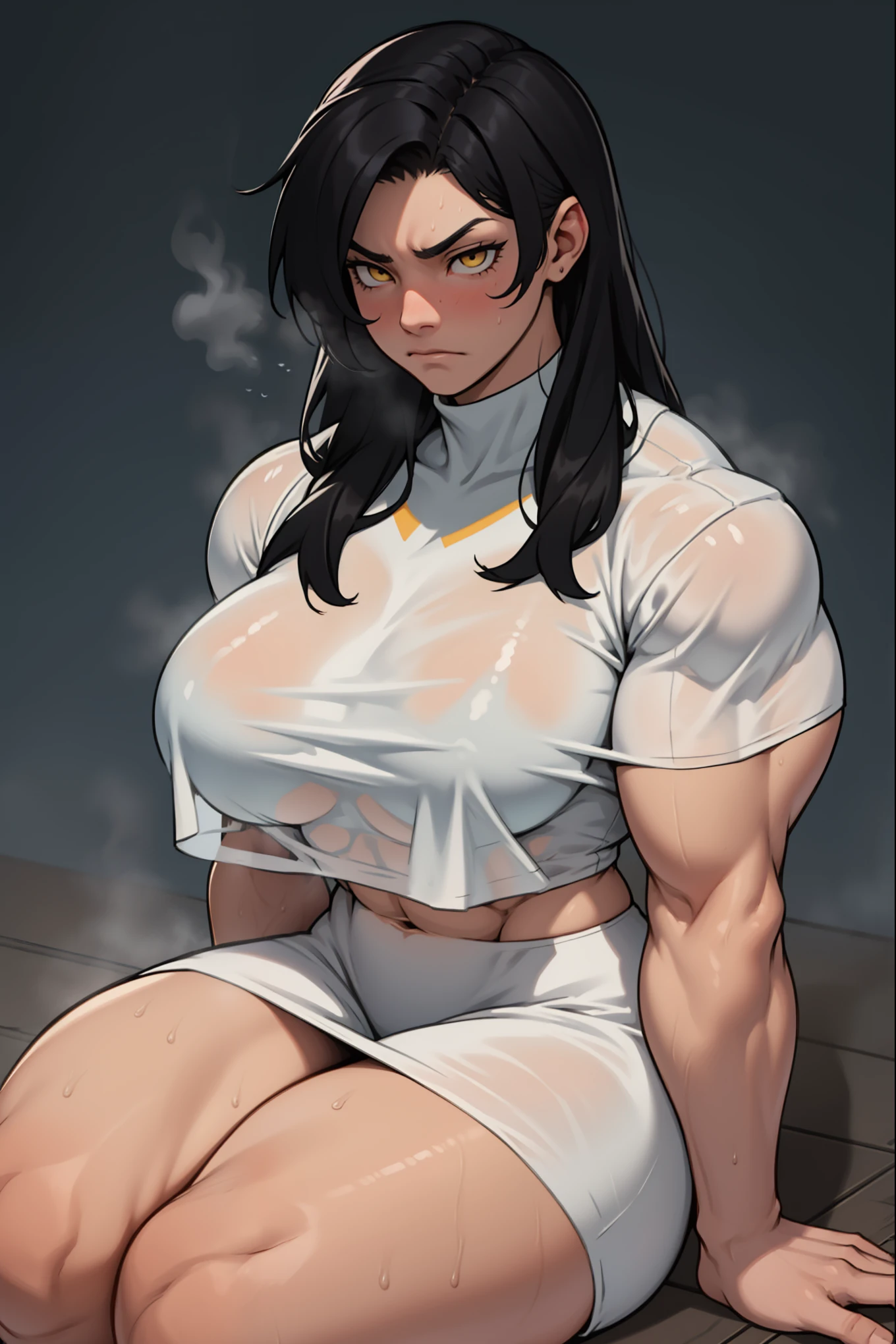 black hair, yellow eyes, solo, sweaty, shiny skin, angry, pale skin, ((((((muscular, 1girl)))))), curvy, thin waist, very long hair, cowboy shot, sweaty, perky breasts, kimono ((grey background))