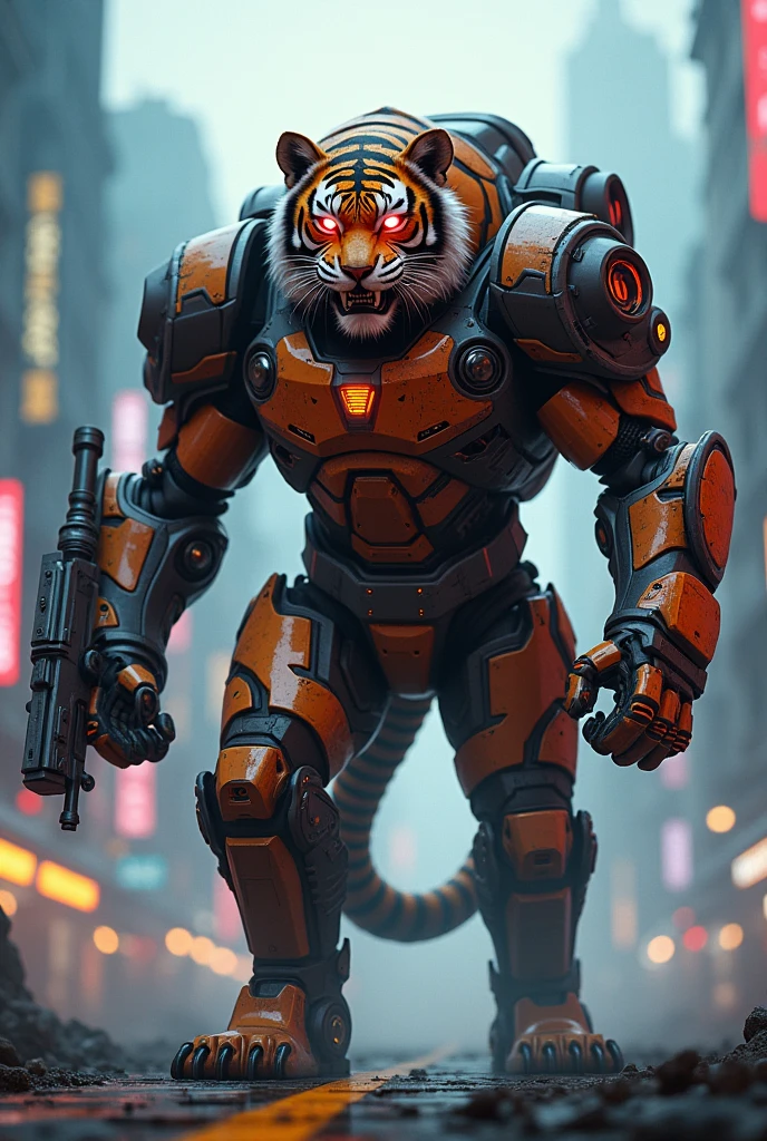 Tiger  in red
 glossy cyborg helmet and costume with red glowing eyes,costume with red glowing eyes, sitting in cyberpunk neon city

