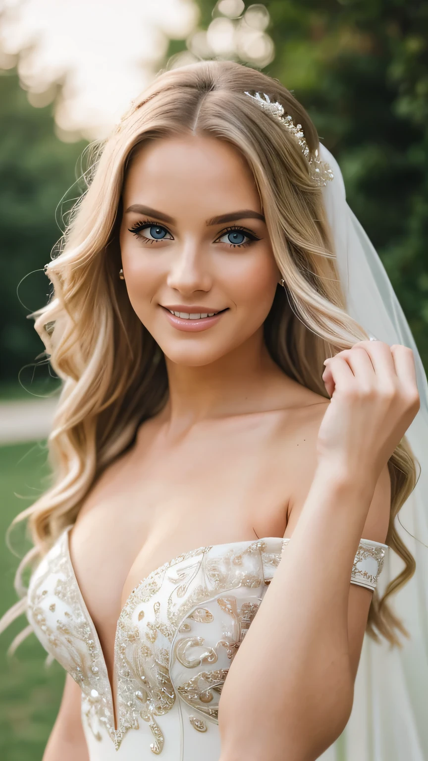 Realistic photo of the fullbody of a smiling woman, beautiful blonde woman with long hair, She dances in front of the camera in a long A-line wedding dress with off-shoulder straps made of shiny satin., Park,glamour fotoshooting, Wedding celebration, perfect anatomy, perfect blue eyes. Perfect hands with 5 fingers on each hand, Suitable woman , looking at the camera, 1 Frau. (Eye make up:1.1), (highly detailed skin:1.1), spirit, analog style, keen focus, 8K  UHD, dslr, good quality, Fujifilm XT3, Grain, Award-winning, ​masterpiece. Wedding celebration