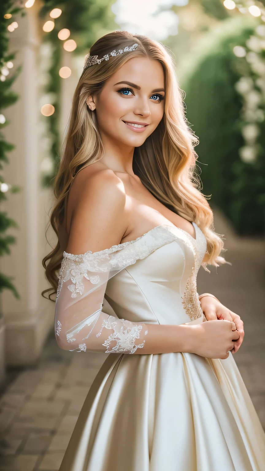 Realistic photo of the fullbody of a smiling woman, beautiful blonde woman with long hair, She dances in front of the camera in a long A-line wedding dress with off-shoulder straps made of shiny satin., Park,glamour fotoshooting, Wedding celebration, perfect anatomy, perfect blue eyes. Perfect hands with 5 fingers on each hand, Suitable woman , looking at the camera, 1 Frau. (Eye make up:1.1), (highly detailed skin:1.1), spirit, analog style, keen focus, 8K  UHD, dslr, good quality, Fujifilm XT3, Grain, Award-winning, ​masterpiece. Wedding celebration