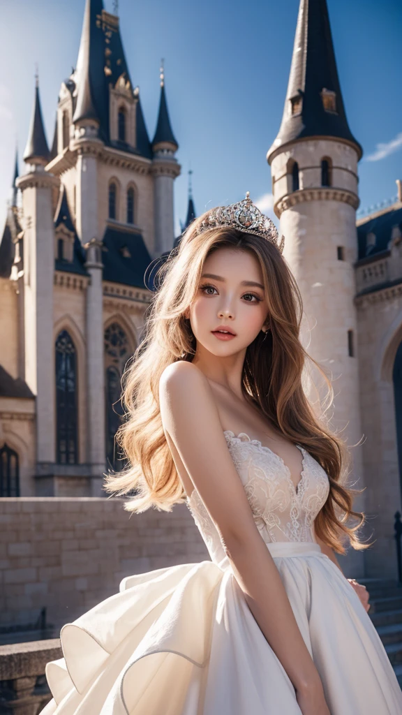 best quality, masterpiece, ultra high res, (photorealistic:1.4), RAW photo,cinematic lighting,(a japanese girl:1.5),solo,20 years old,big breasts,(detailed beautiful face:1.5),(real skin:1.5),(slender,thin legs:1.3),(big eyes:1.3),(smiling:1.3),(blond wavy hair:1.5),(Princess,gorgeous dress,tiara:1.5),(in garden,arch roses:1.8),(millions of rose flowers:1.5),(gate decorated with roses:1.8),(circle of roses:1.5),