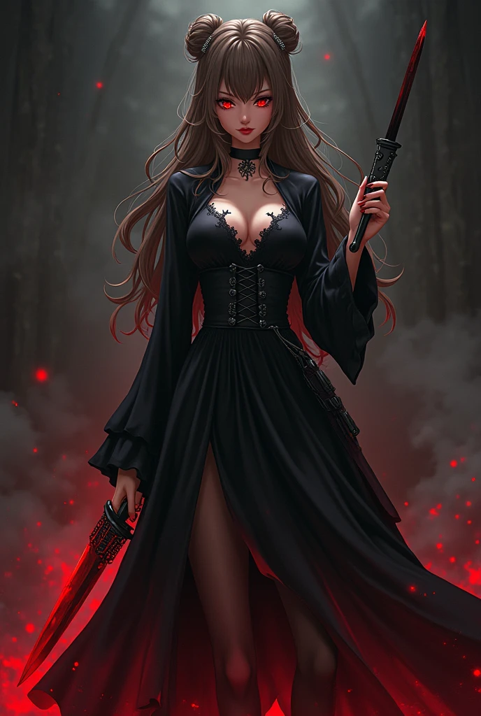 Gothic vampire girl, eye shadow, gothic black sexy sexy outfits, sexy in the cemetery, She is holding a spear with one hand, fully body