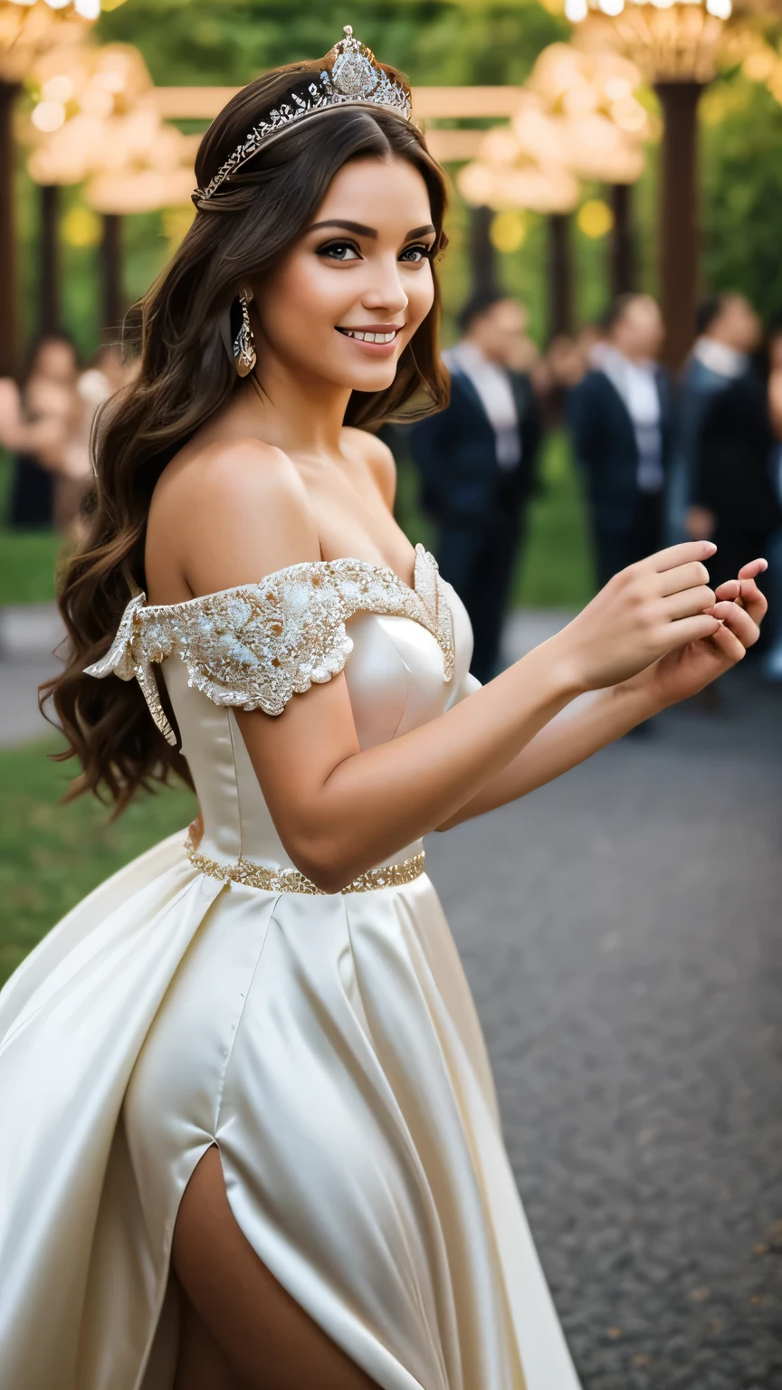 Realistic photo of the fullbody of a smiling Princess, beautiful brunette Princess with long hair, She dances in front of the camera in a long A-line princess dress with off-shoulder straps made of shiny satin., Crown, Park,glamour fotoshooting, Wedding celebration, perfect anatomy, perfect brown eyes. Perfect hands with 5 fingers on each hand, Suitable woman , looking at the camera, 1 Frau. (Eye make up:1.1), (highly detailed skin:1.1), spirit, analog style, keen focus, 8K UHD, dslr, good quality, Fujifilm XT3, Grain, Award-winning, masterpiece. Wedding celebration