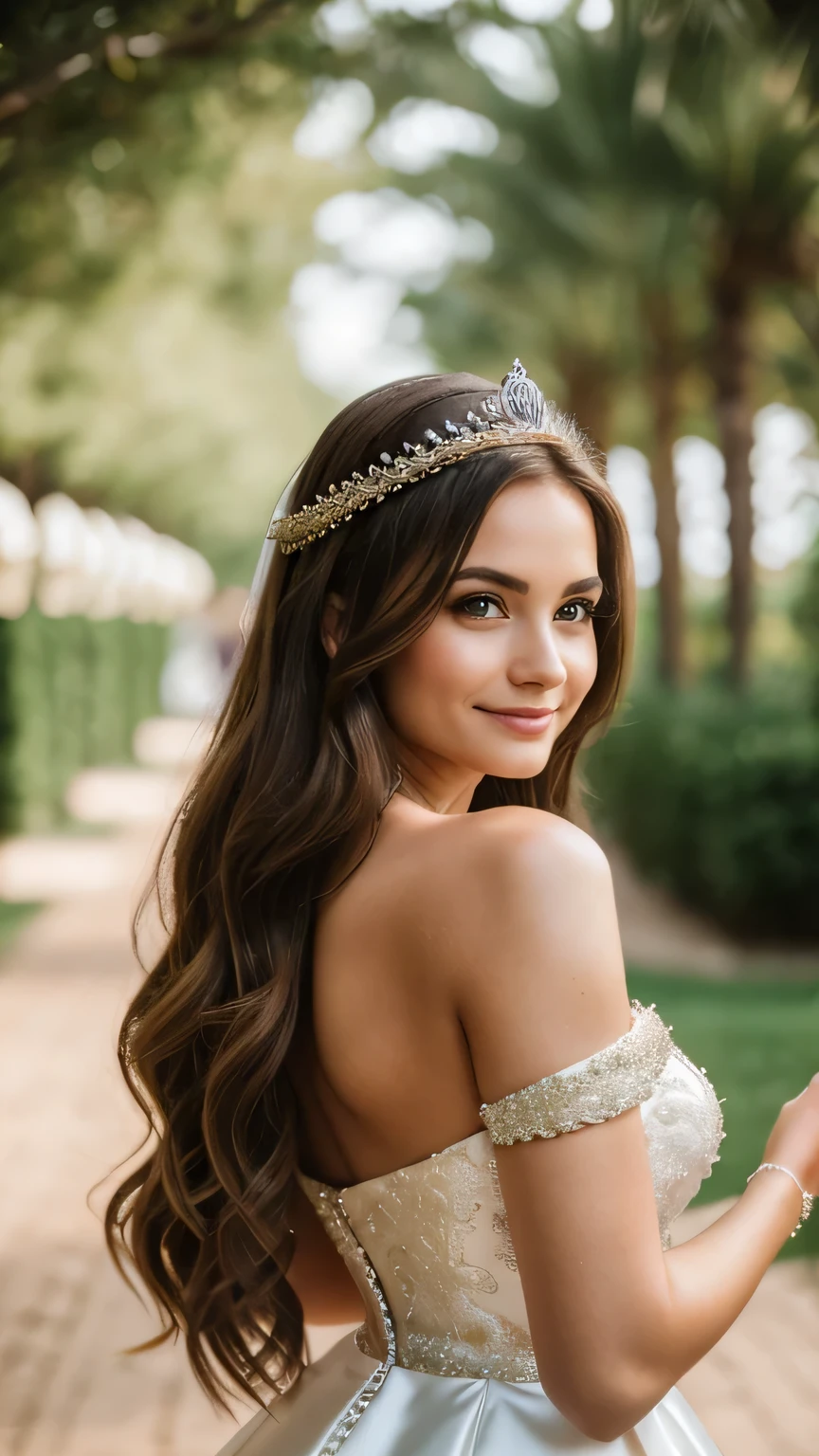 Realistic photo of the fullbody of a smiling Princess, beautiful brunette Princess with long hair, She dances in front of the camera in a long A-line princess dress with off-shoulder straps made of shiny satin., Crown, Park,glamour fotoshooting, Wedding celebration, perfect anatomy, perfect brown eyes. Perfect hands with 5 fingers on each hand, Suitable woman , looking at the camera, 1 Frau. (Eye make up:1.1), (highly detailed skin:1.1), spirit, analog style, keen focus, 8K UHD, dslr, good quality, Fujifilm XT3, Grain, Award-winning, masterpiece. Wedding celebration