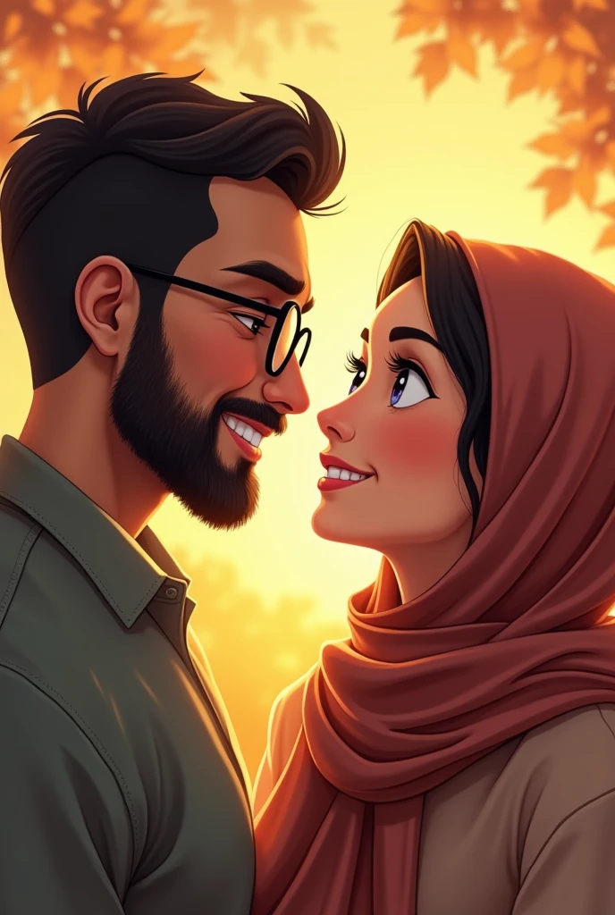 Tall arab man white skin with a beautiful hijab girlfriend that has mole on the chin cartoon