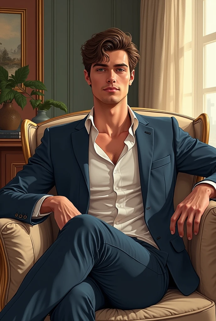 illustration+photography+norman_rockwell+art_new, luces outfits, a red-haired man, short hair, slim athletic perfect anatomy, divine proportions, blue eyes, straight nose, thin lips, square cheek, diamond face, barefoot without shirt, He wears deep black jeans, challenging straight posture, innocent relaxed expression, art deco living room with gold and black details, mahogany and gold baroque furniture, large windows to see the city at night