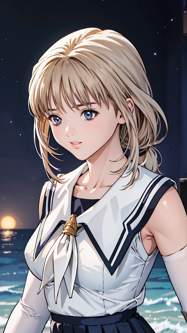 (Clean and clear images,masterpiece,CG,Highest quality,High resolution, Very beautiful and delicate,Excellent anatomy:1.3 ),(Detailed eyes),Pretty face,Perfect Face,cute,Mature Woman,Pink Lips,One girl,Beautiful body, Tight waist,Sailor Uranus, Mature Woman, Large Breasts, Aqua Eye, Blonde, (Braided Ponytail:1.3),Sailor Warrior Uniform, Sailor collar, Chest Bow, Buck Bow, Pleated skirt, White elbow gloves, Upper Body, Full moon in the background,Night Sky, In-person audience, Ocean, Starry Sky, Straight, Fantasy, wonderful,romantic