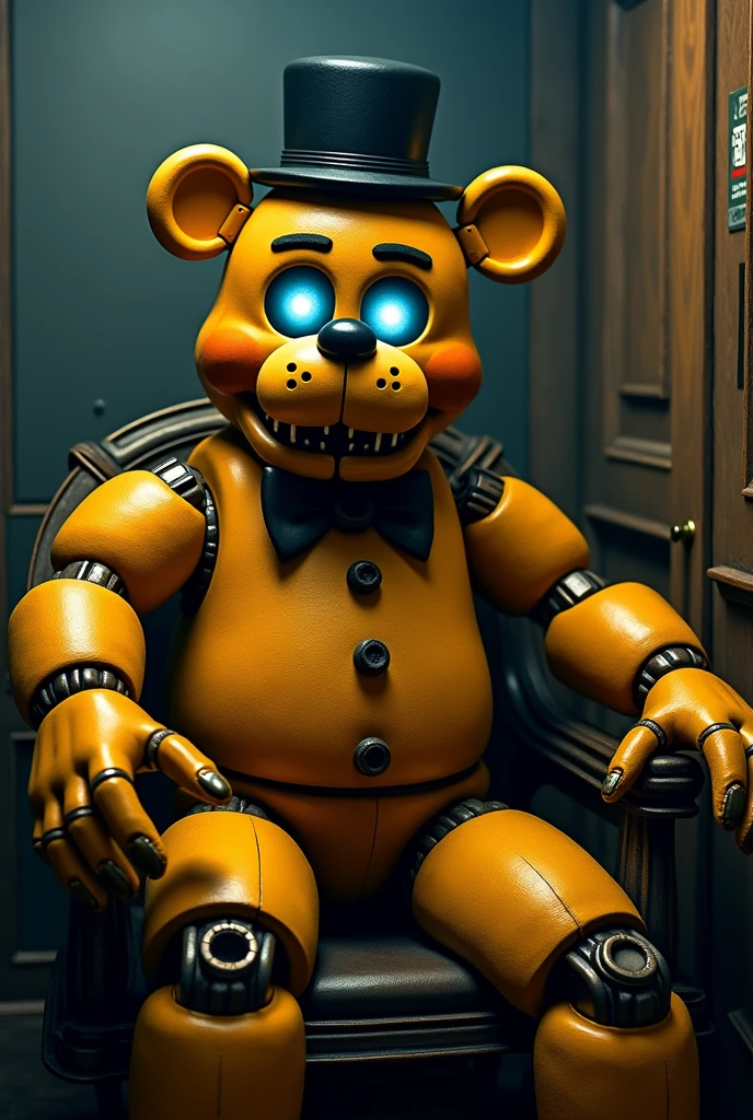there is a fake five - eyed robot standing on a stage, animatronic, freddy fazbear, animatronics, five nights at freddy's, five nights at freddy’s, five nights at freddys, fnaf, freddy fazbear's pizzeria, horror animatronic, commission of freddy fazbear, animatronic john c. reilly. (a large penis, detailed genitalia, steaming erect penis), hyper-detailed, 8k, high quality, photorealistic, 3d render, intricate details, masterpiece, cinematic lighting, dramatic shadows, (female anatomy highly accurate:1.4), (erect penis extremely realistic:1.5)((with a big cock)), (ballsack), (steaming coming from her cock),