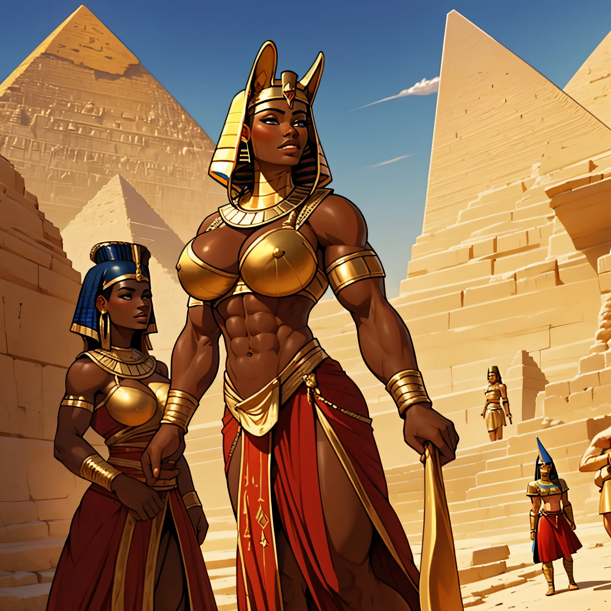 Very huge muscle female ancient egytpian warrior 2 female royal guards, protecting the pharaoh, with adoring look, extremely tanned, dark skinned, huge pecs, oiled skin, sunny, ancient egypt, pyramid on the background