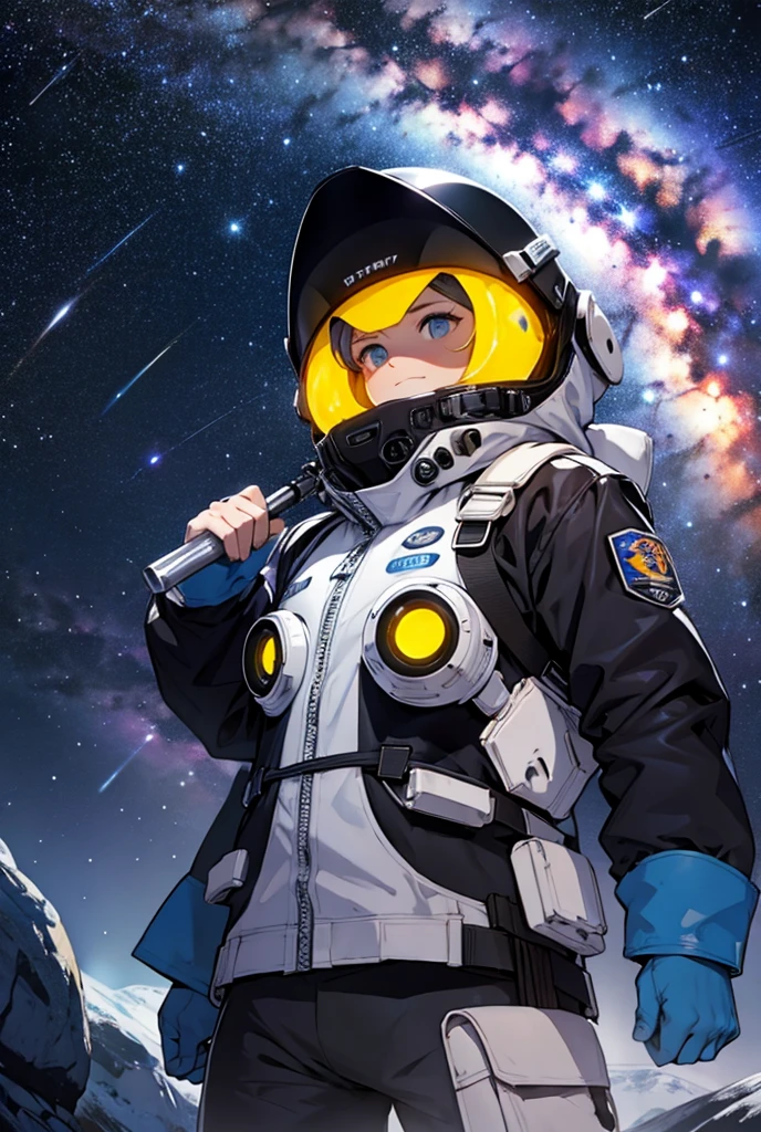 "A futuristic, double-sided UFO flying in the sky with a person holding a gun on top. The person is wearing a space suit, and the background includes stars and a distant planet."All Black Clothes Album Cover