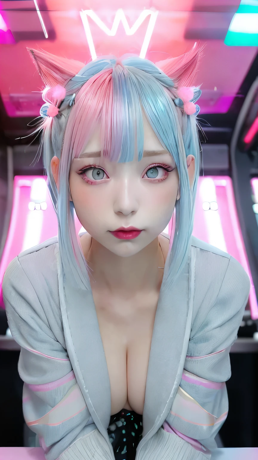 Black and light blue with silver and pink hair、Photorealsitic, hight resolution, Heterochromia eyes, small moles under eyes、bob cuts、Blunt bangs、Lucy\(cyberpunked\), 1girl in, hair scrunchie, hime-cut, silber hair, Color Chip, fullmoon, grey eyes, white shirt, Black tie、Black shorts、long-sleeve, (Look at viewers), Medium Hair, O cabelo multicolorido, Bangs parting, cparted lips, A pink-haired, Red Eyeliner, red-lips, 独奏, White jacket, cyberpunked\(Series\), Rainy night in cyberpunk city with glowing neon lights,frombelow, yes、all-fours、Huza