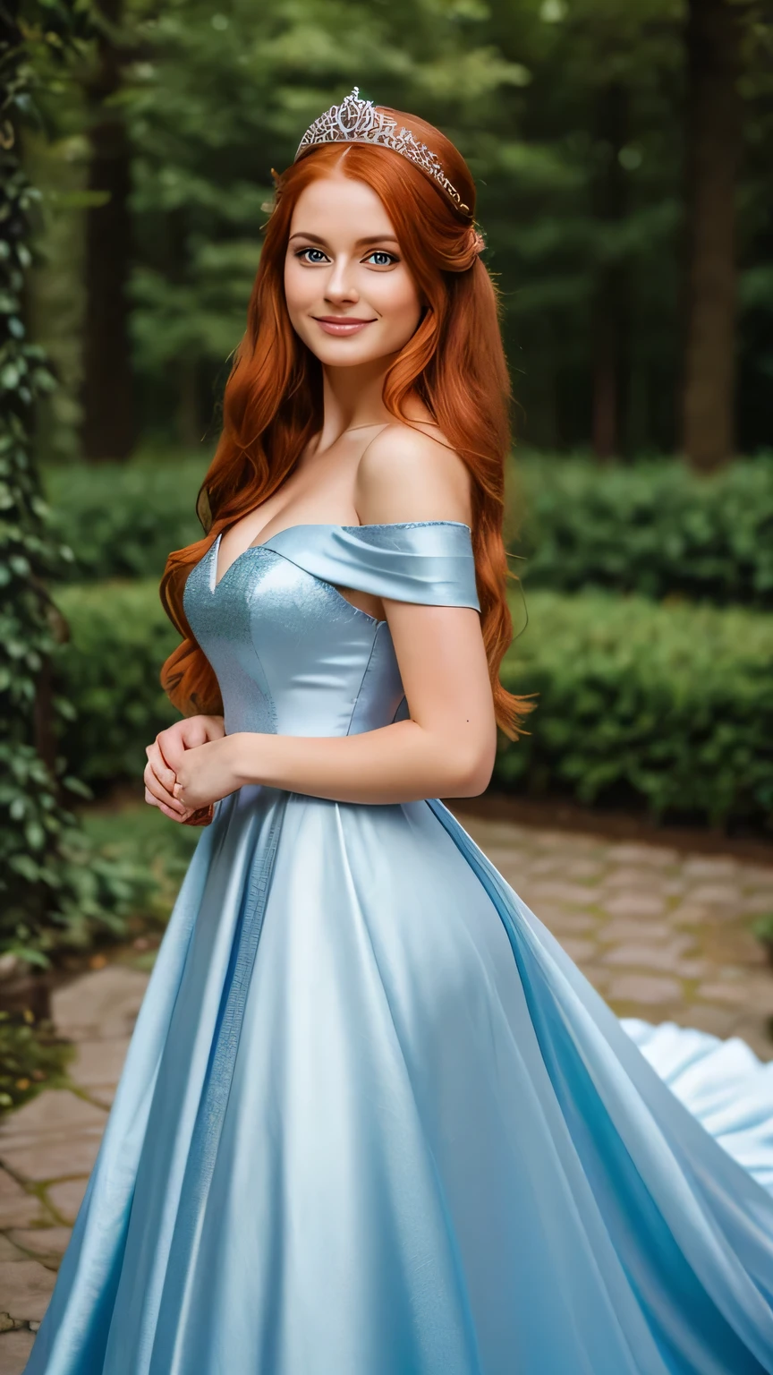 Realistic photo of the fullbody of a smiling Princess, beautiful red haired Princess with long hair, She dances in front of the camera in a long princess gown with off-shoulder straps made of shiny darkblue satin., Crown, Park,glamour fotoshooting, Wedding celebration, perfect anatomy, perfect green eyes. Perfect hands with 5 fingers on each hand, Suitable woman , looking at the camera, 1 Frau. (Eye make up:1.1), (highly detailed skin:1.1), spirit, analog style, keen focus, 8K  UHD, dslr, good quality, Fujifilm XT3, Grain, Award-winning, ​masterpiece. Ball