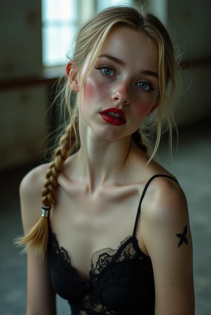 Full body photo eines Mädchens 18-jahre alt lange blonde geflochtene Zöpfe sehr dünn macht nackt Ballett, without clothes,flat chested,small breasts,makeup smeared,makeup run,perfect lips, schwarzerLippenstift, braces, freckles,big eyes,blue eyes,sweating, sweats heavily,wet,muito detalhado, best quality, extremely detailed face, perfect lightning, Ballet Studio Background, sexly, erotic, unique,((Full body photo)), 4K, masterpiece